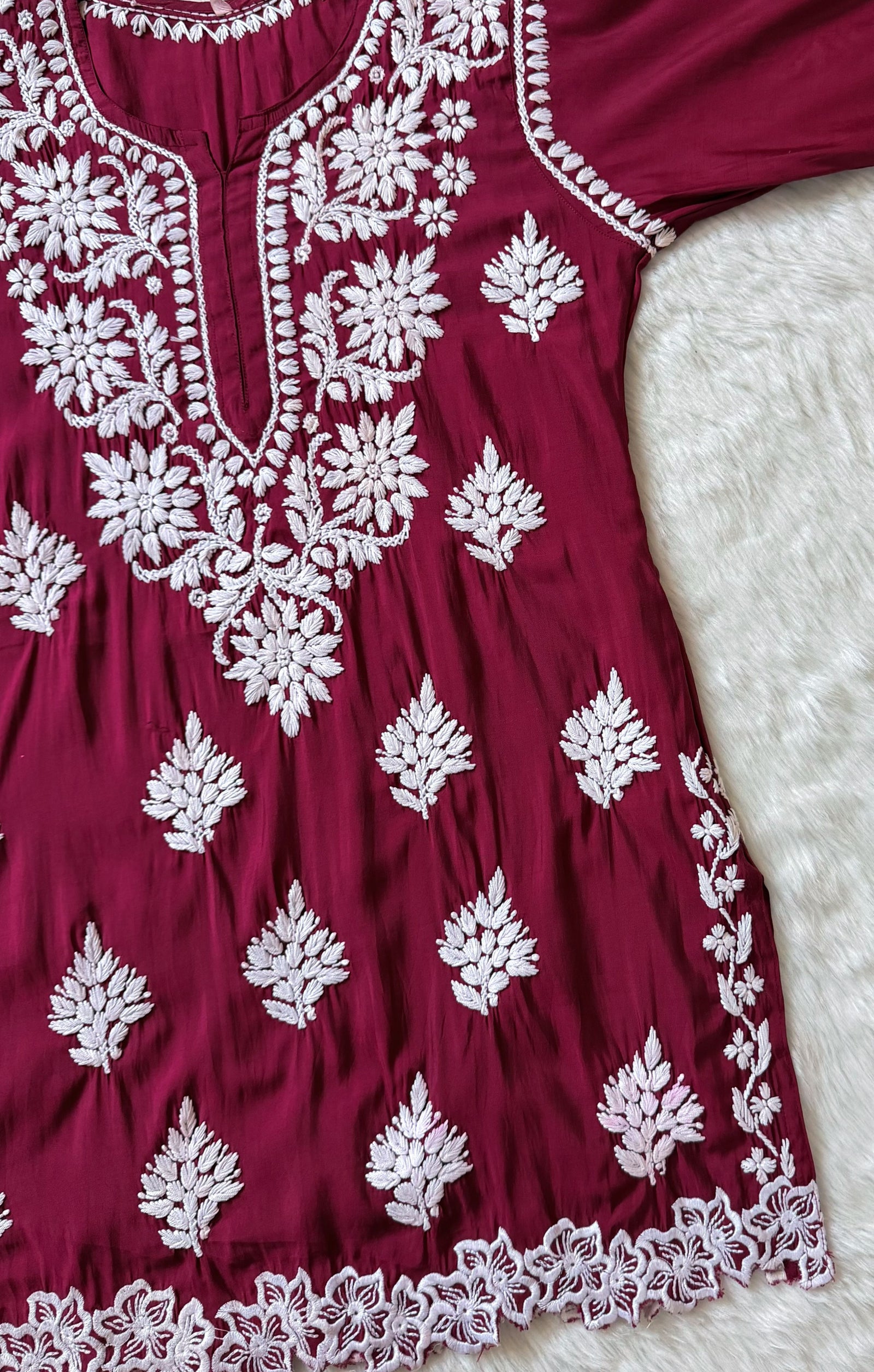 Siya Maroon Chanderi Chikankari Short Kurti