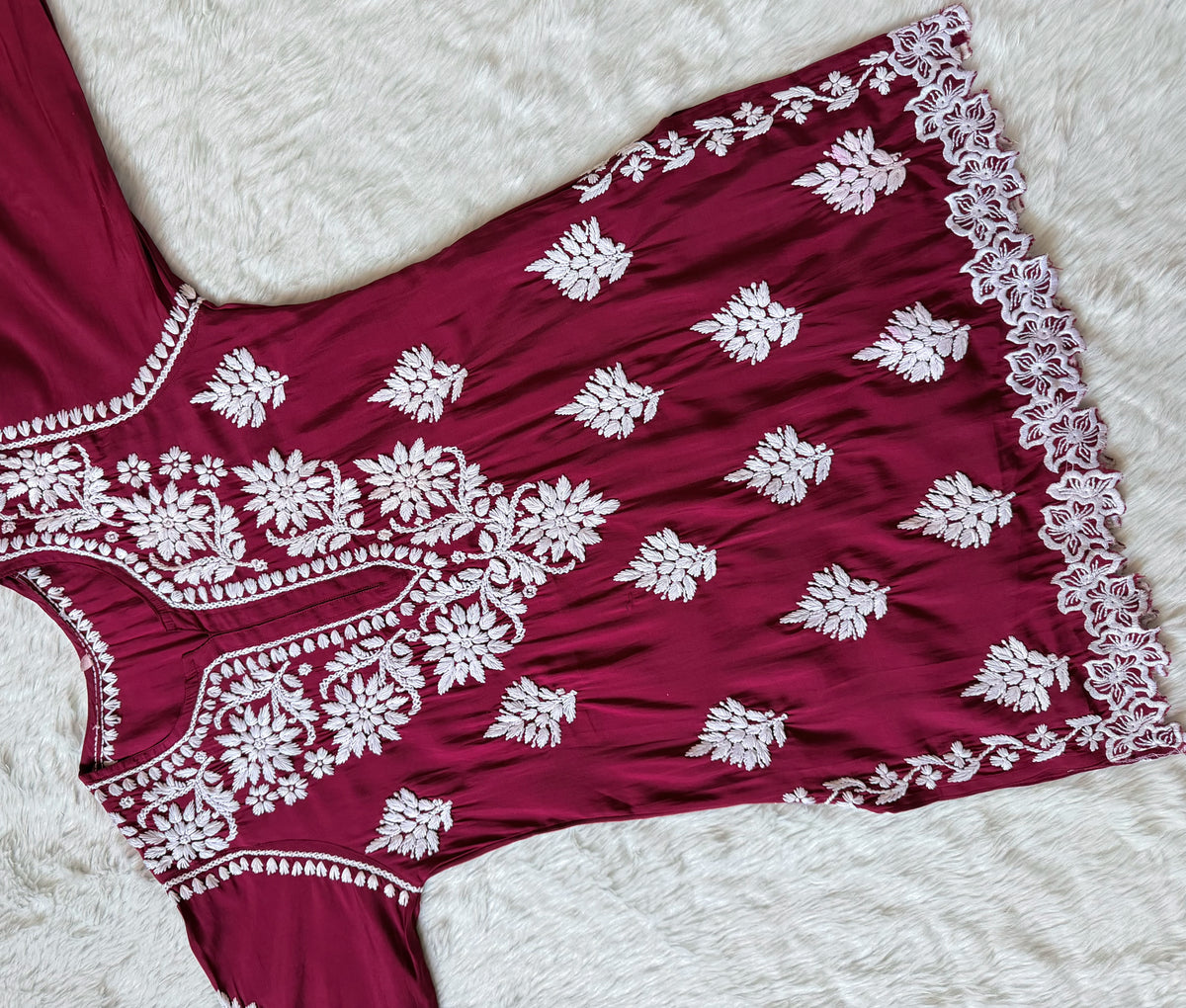 Siya Maroon Chanderi Chikankari Short Kurti