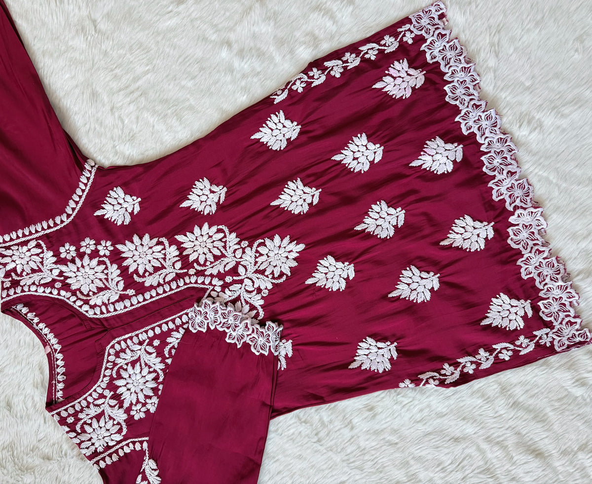 Siya Maroon Chanderi Chikankari Short Kurti