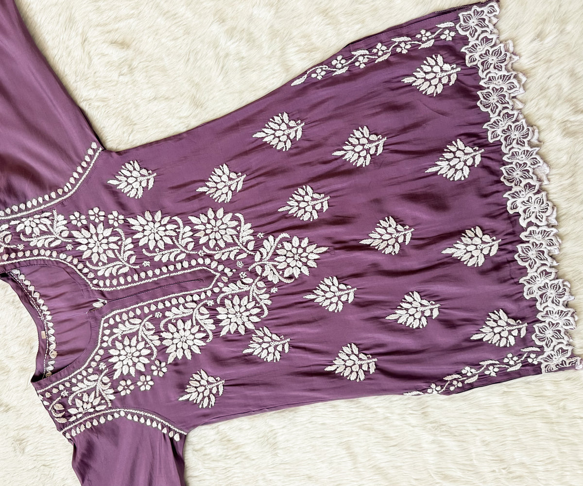 Siya Mauve Purple Chanderi Chikankari Short Kurti