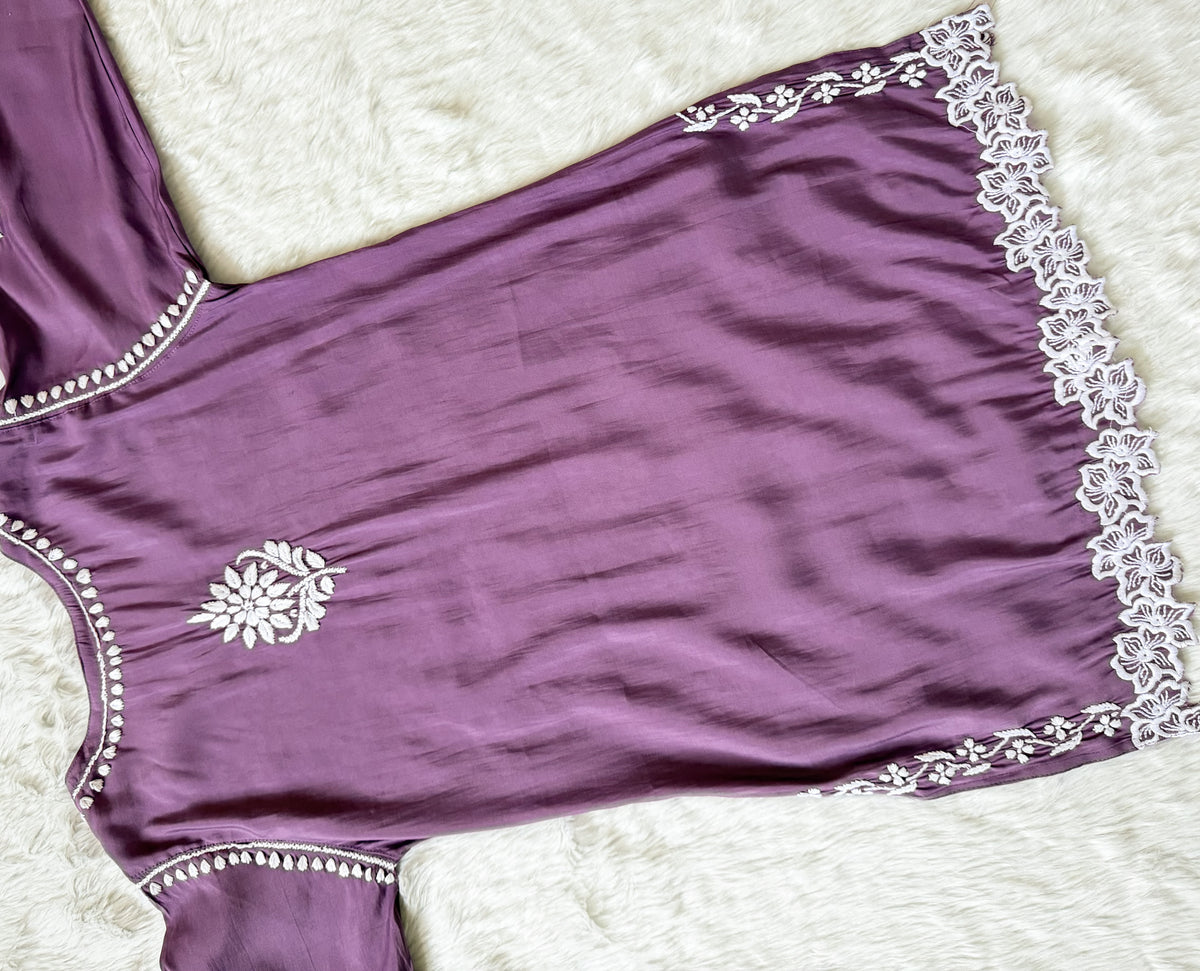 Siya Mauve Purple Chanderi Chikankari Short Kurti