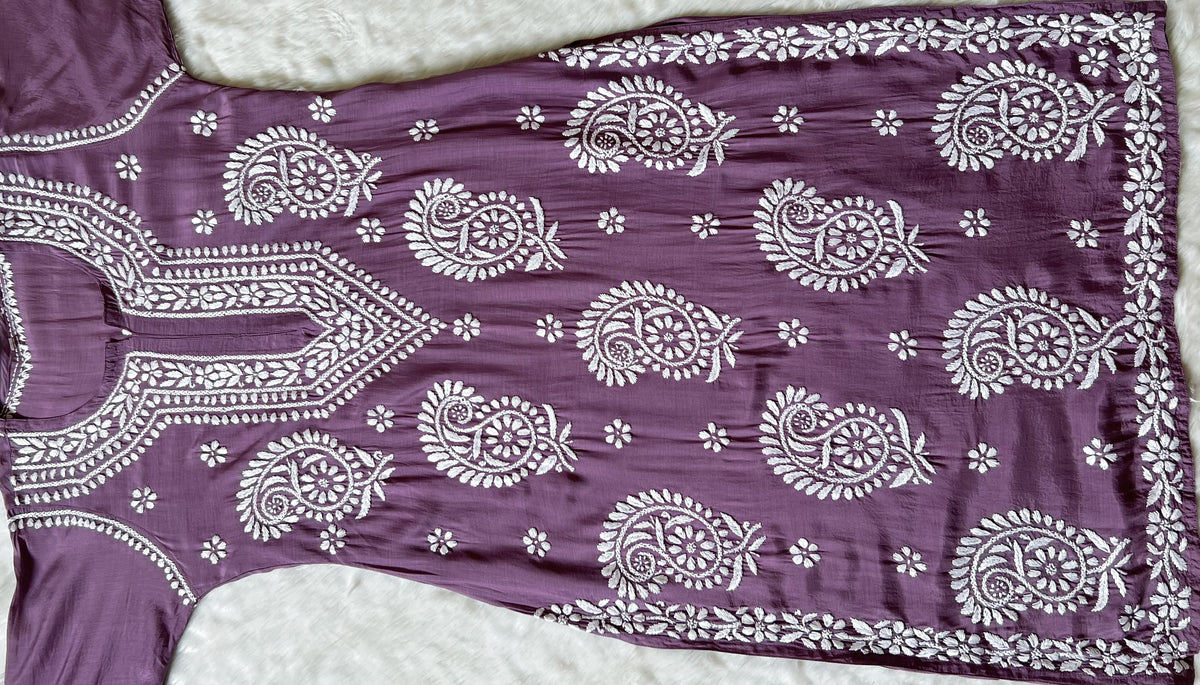 Siya Mauve Purple Muslin Long Kurta with Heavy Chikankari