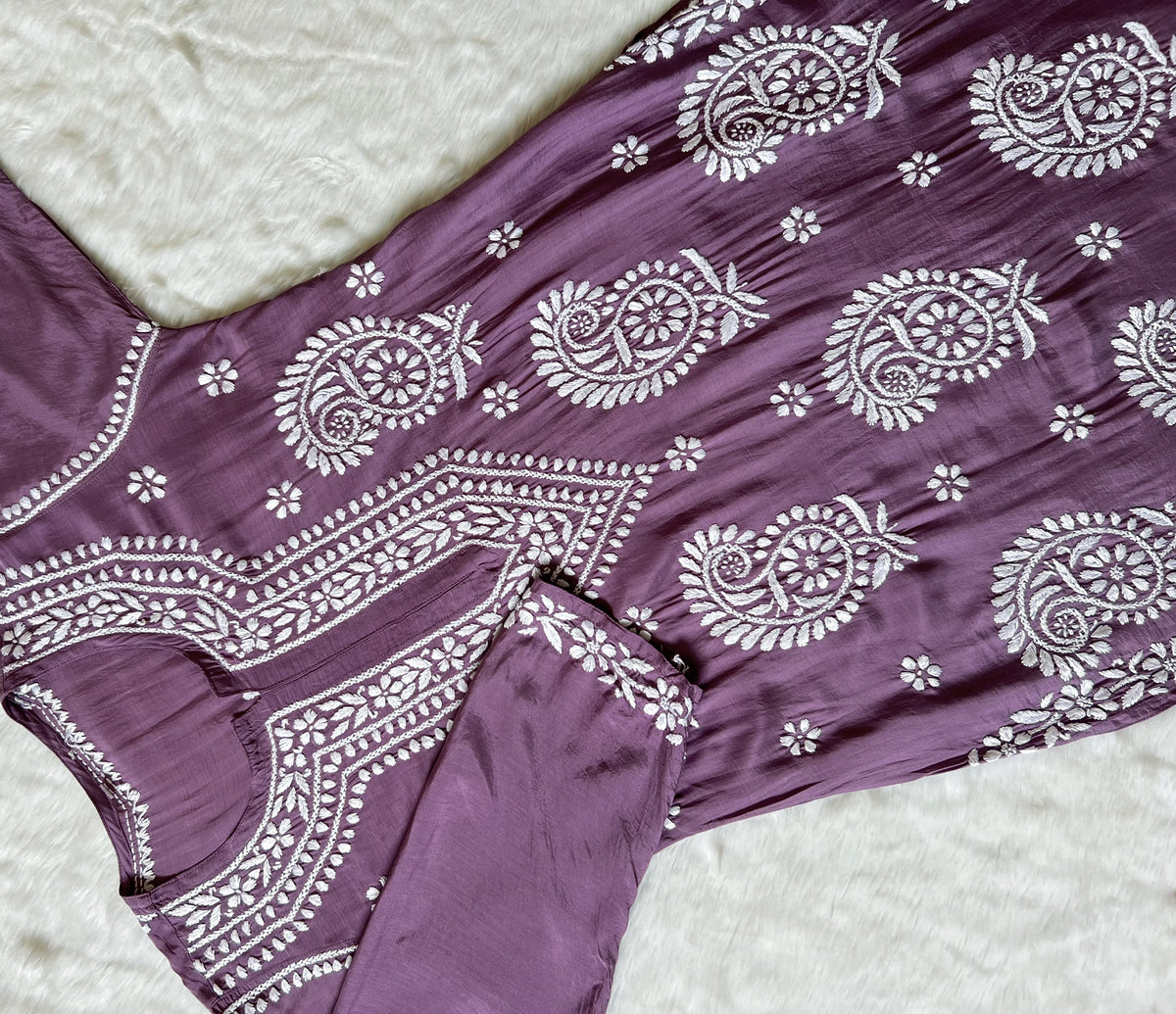 Siya Mauve Purple Muslin Long Kurta with Heavy Chikankari