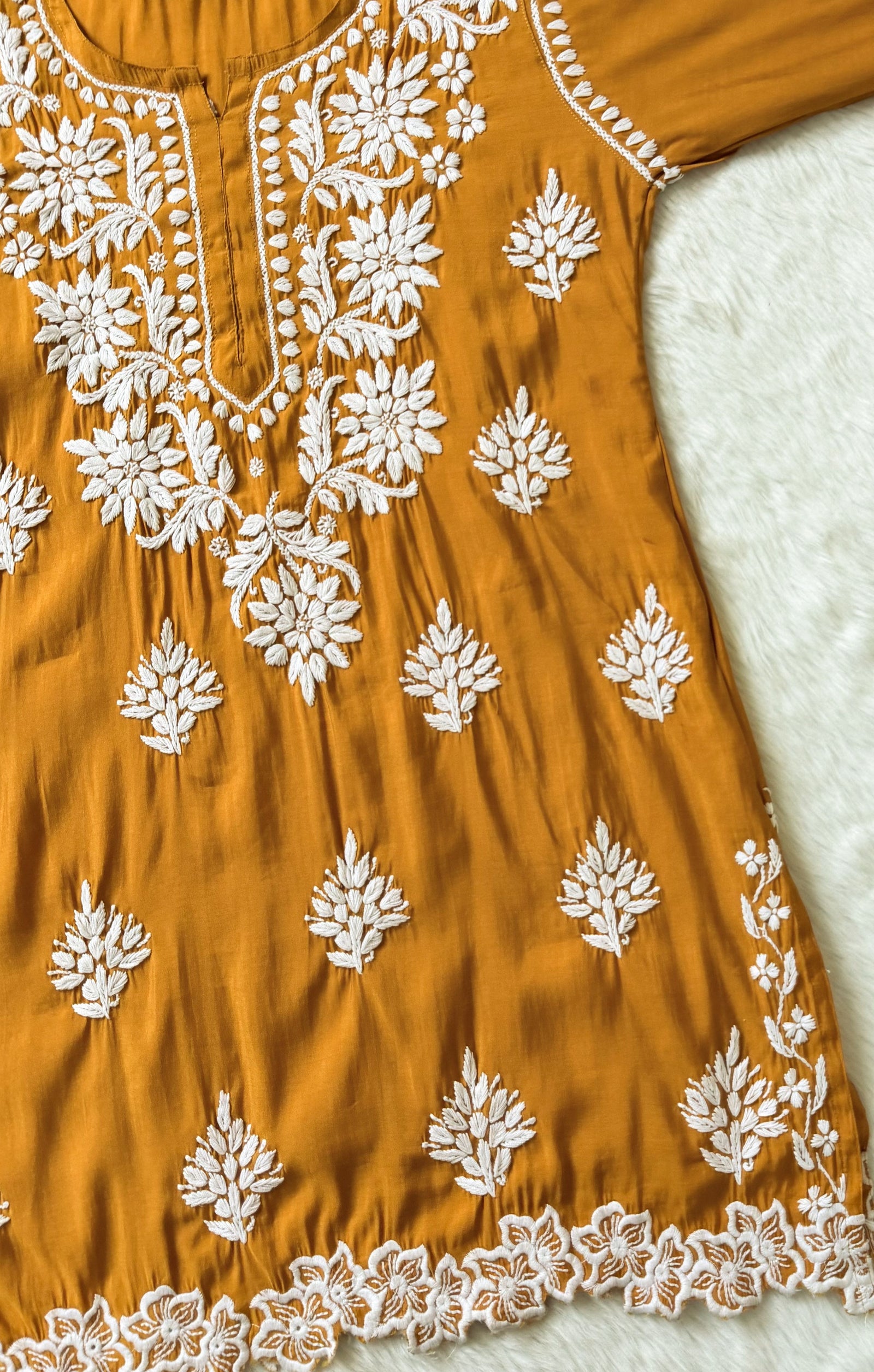 Siya Mustard Chanderi Chikankari Short Kurti