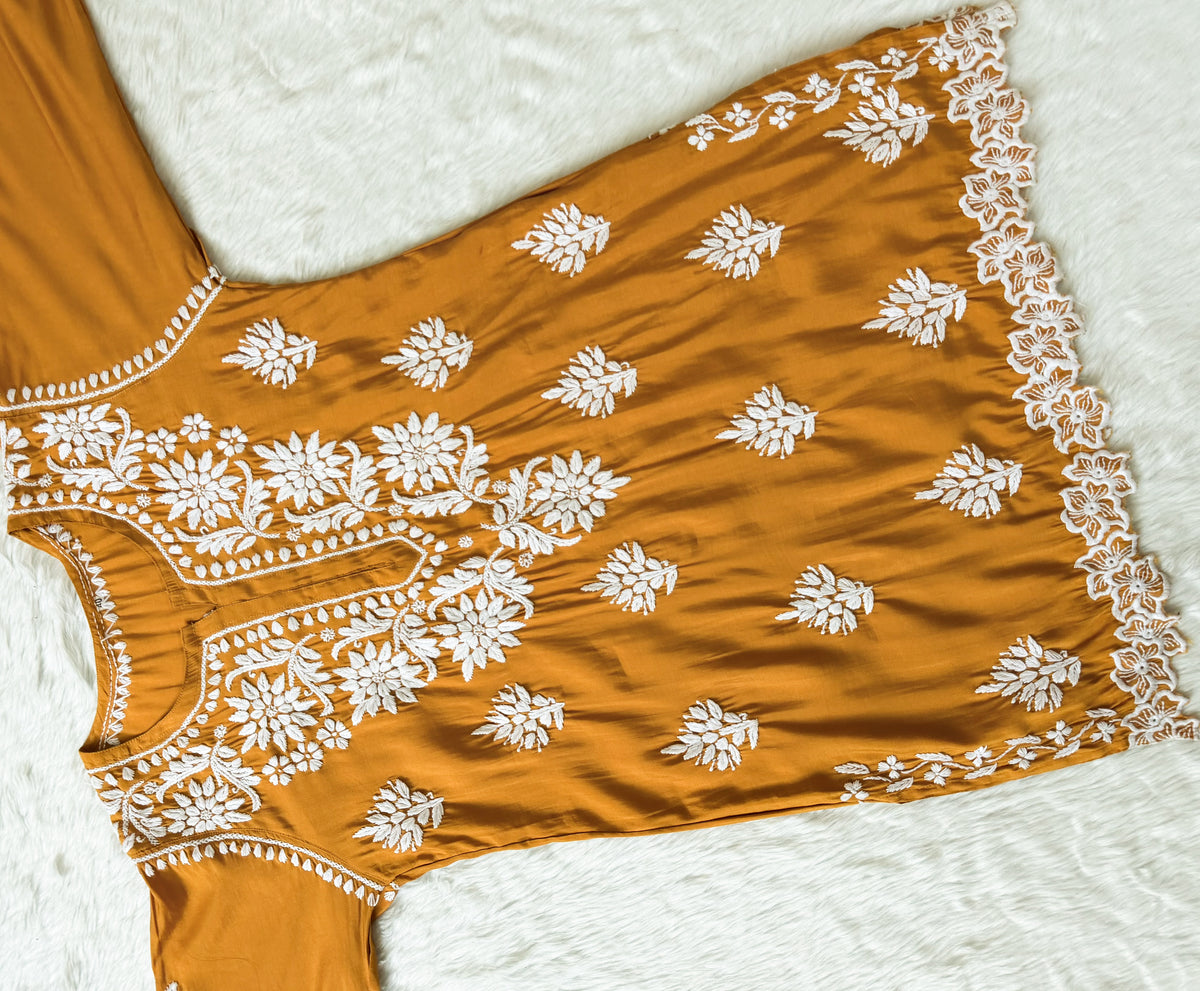 Siya Mustard Chanderi Chikankari Short Kurti