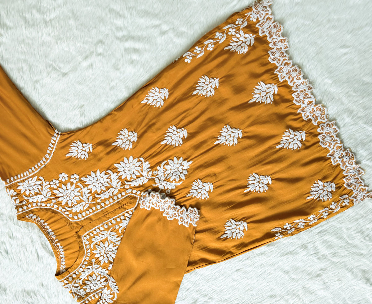 Siya Mustard Chanderi Chikankari Short Kurti