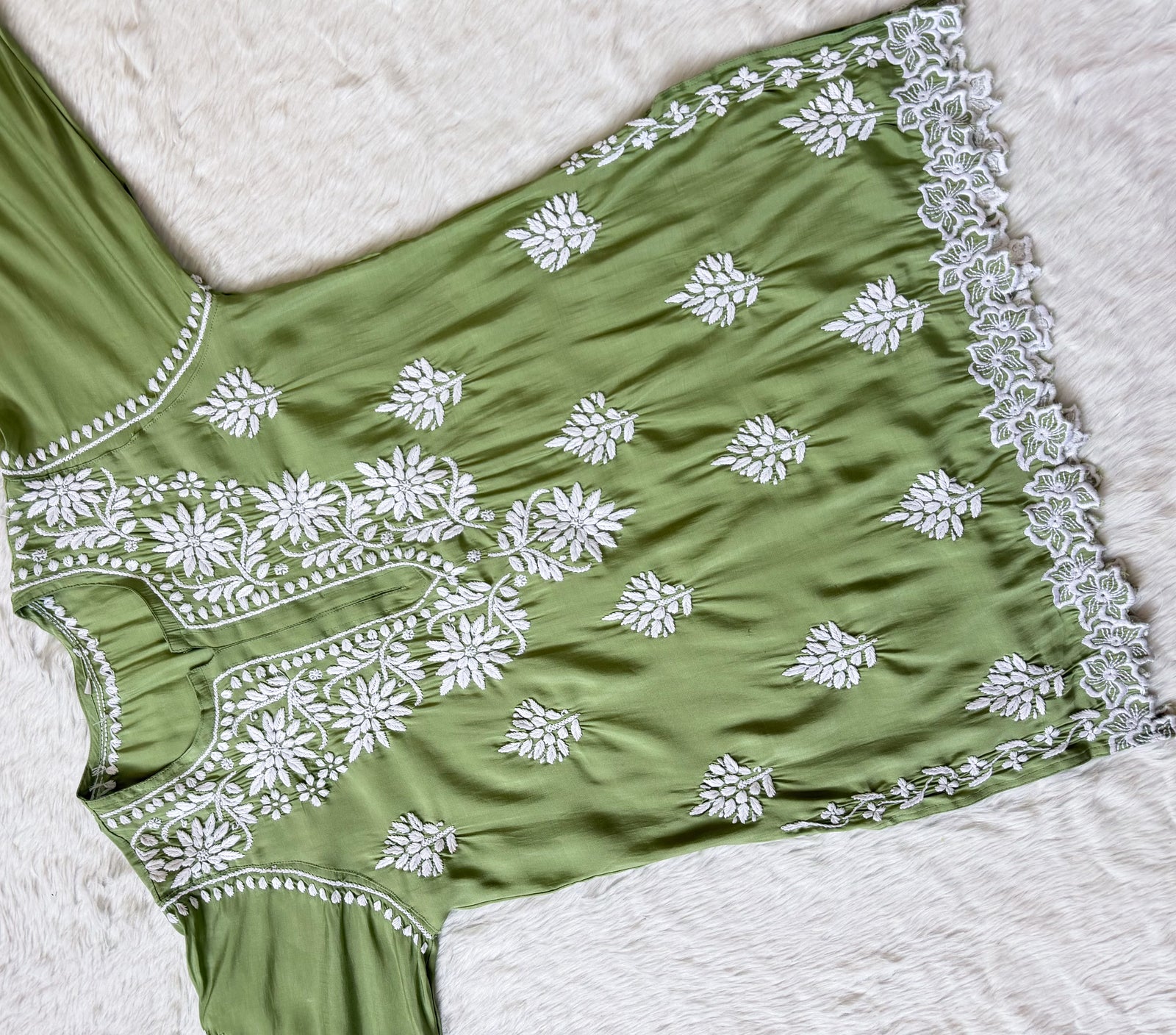 Siya Pista Green Chanderi Chikankari Short Kurti