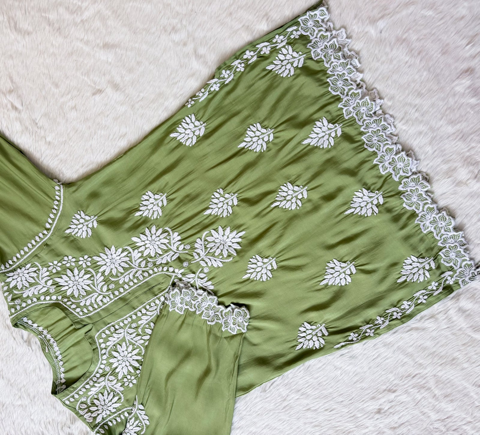 Siya Pista Green Chanderi Chikankari Short Kurti