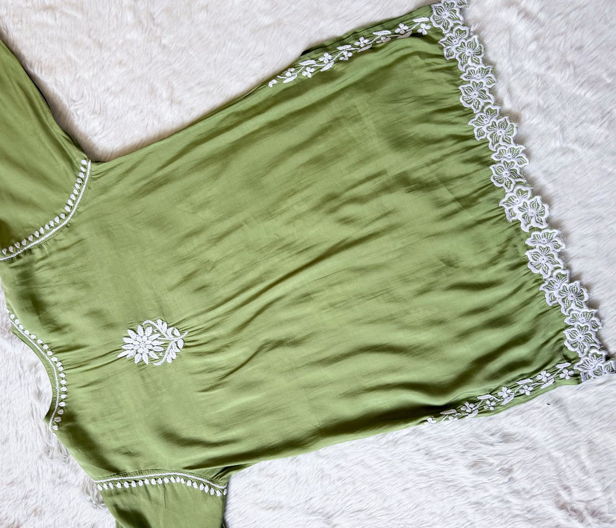 Siya Pista Green Chanderi Chikankari Short Kurti