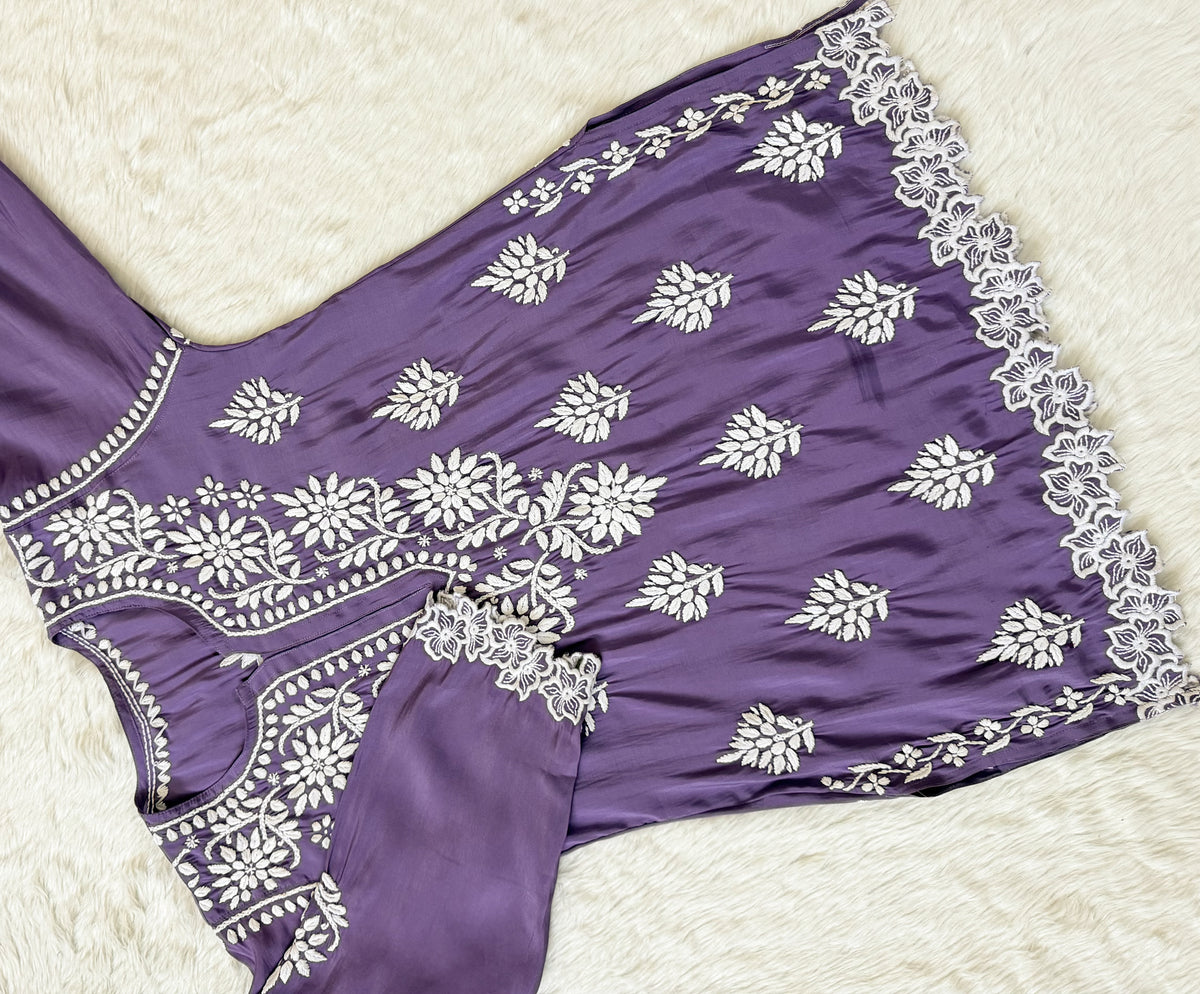 Siya Purple Chanderi Chikankari Short Kurti