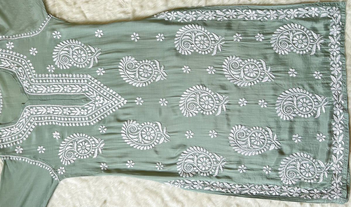 Siya Sage Green Muslin Long Kurta with Heavy Chikankari