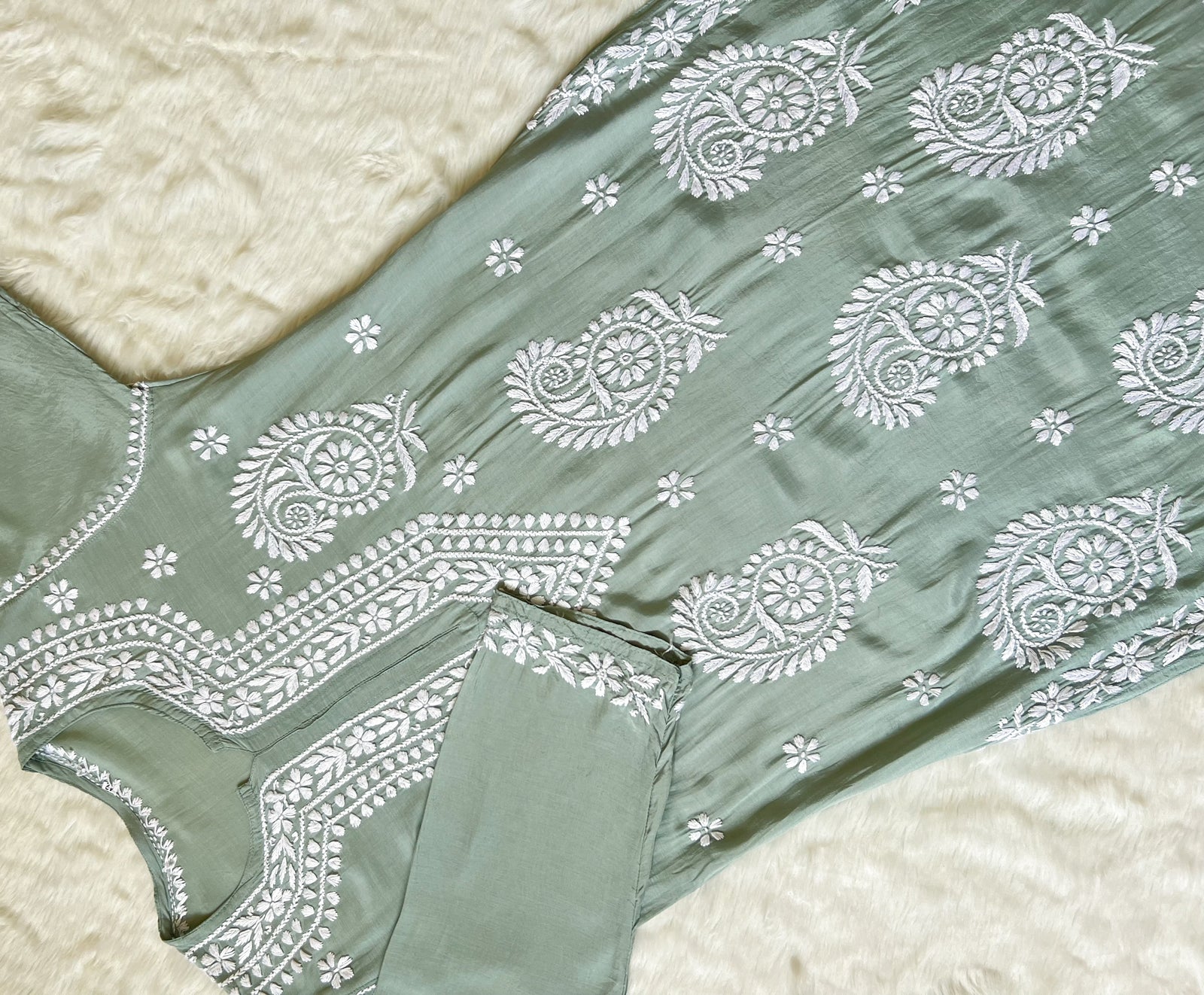 Siya Sage Green Muslin Long Kurta with Heavy Chikankari