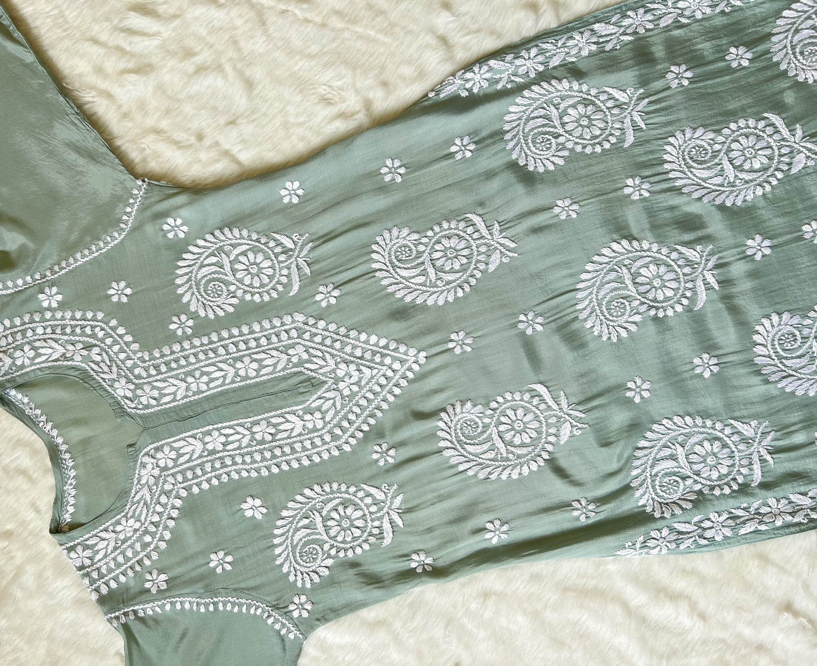 Siya Sage Green Muslin Long Kurta with Heavy Chikankari