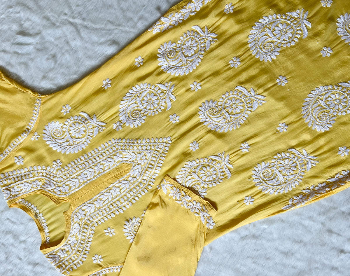 Siya Yellow Muslin Long Kurta with Heavy Chikankari