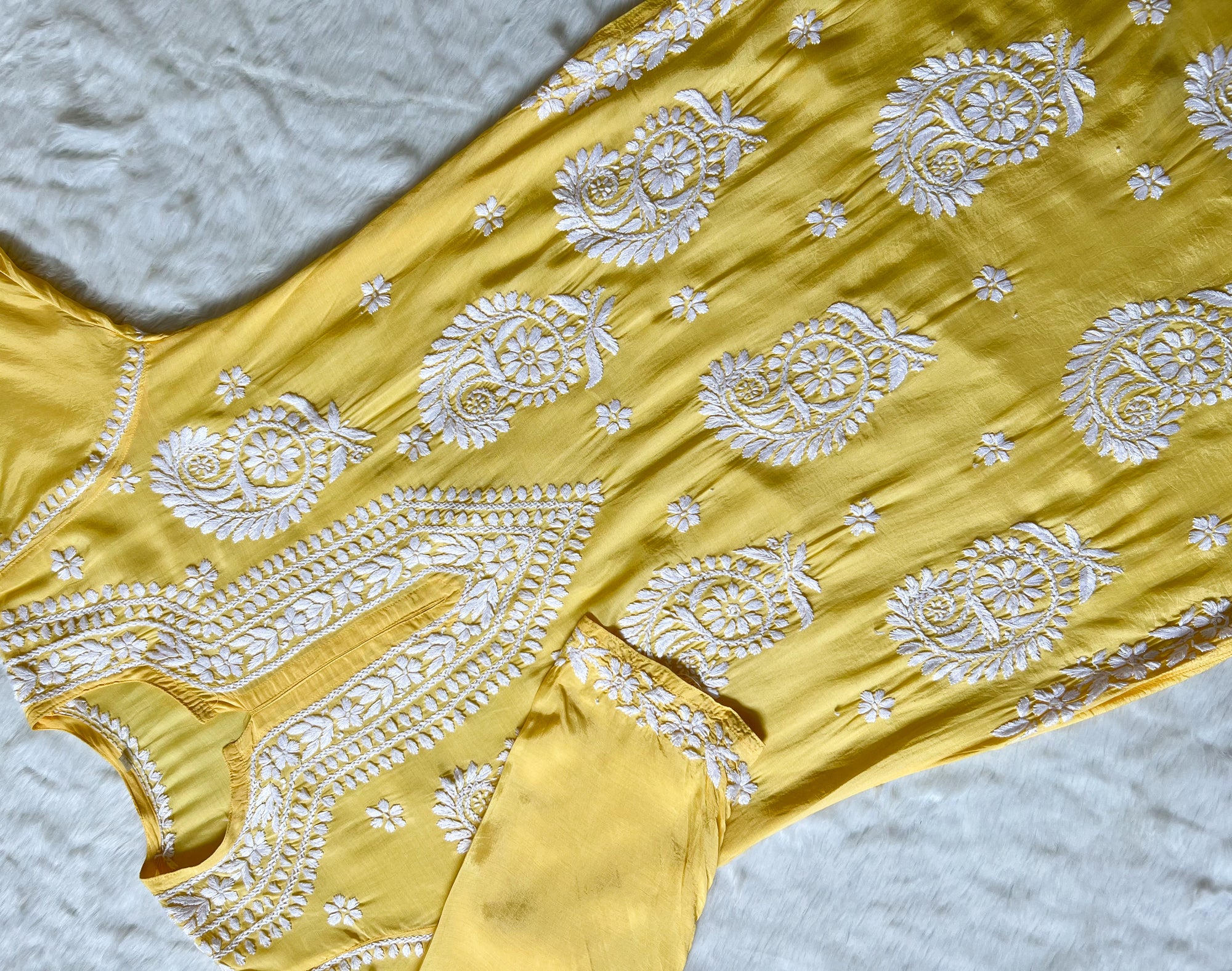 Siya Yellow Muslin Long Kurta with Heavy Chikankari