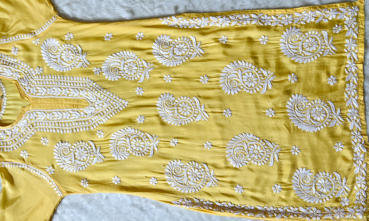 Siya Yellow Muslin Long Kurta with Heavy Chikankari