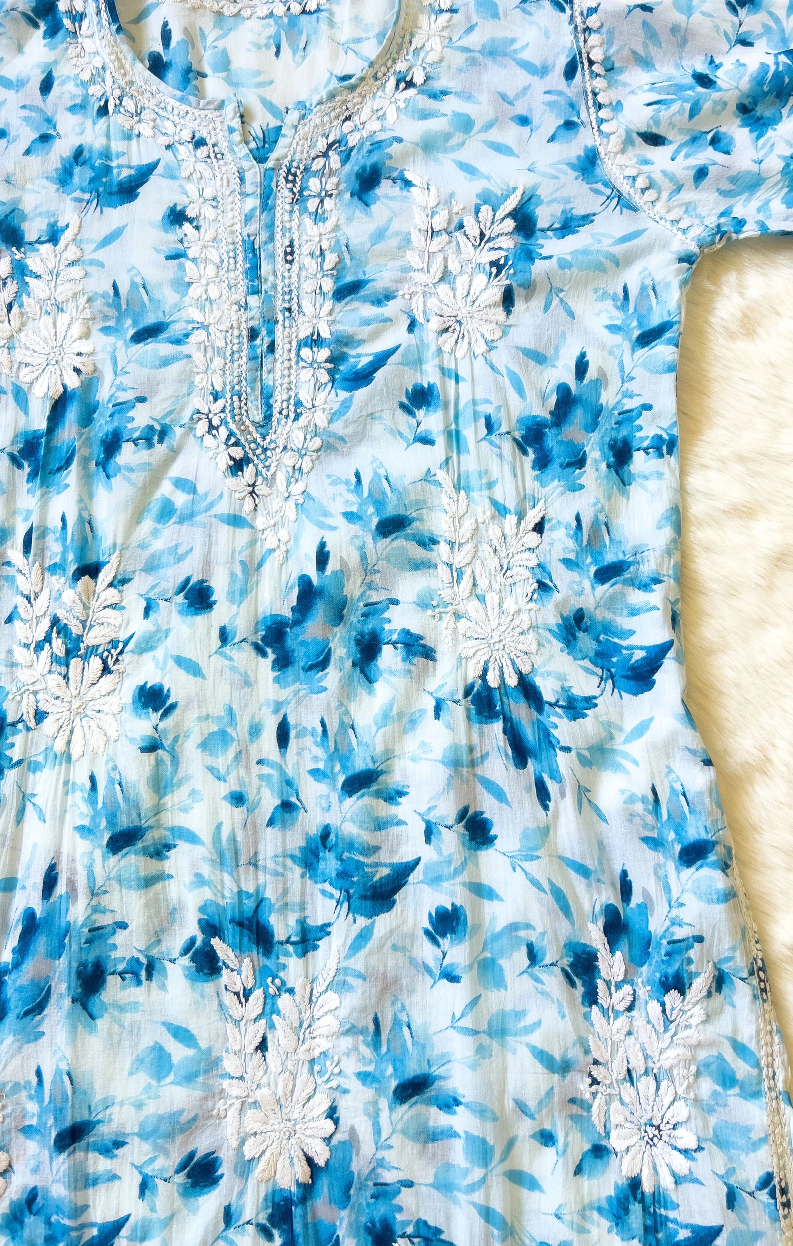 Sky Blue Printed MulMul Kurta with Heavy Chikankari