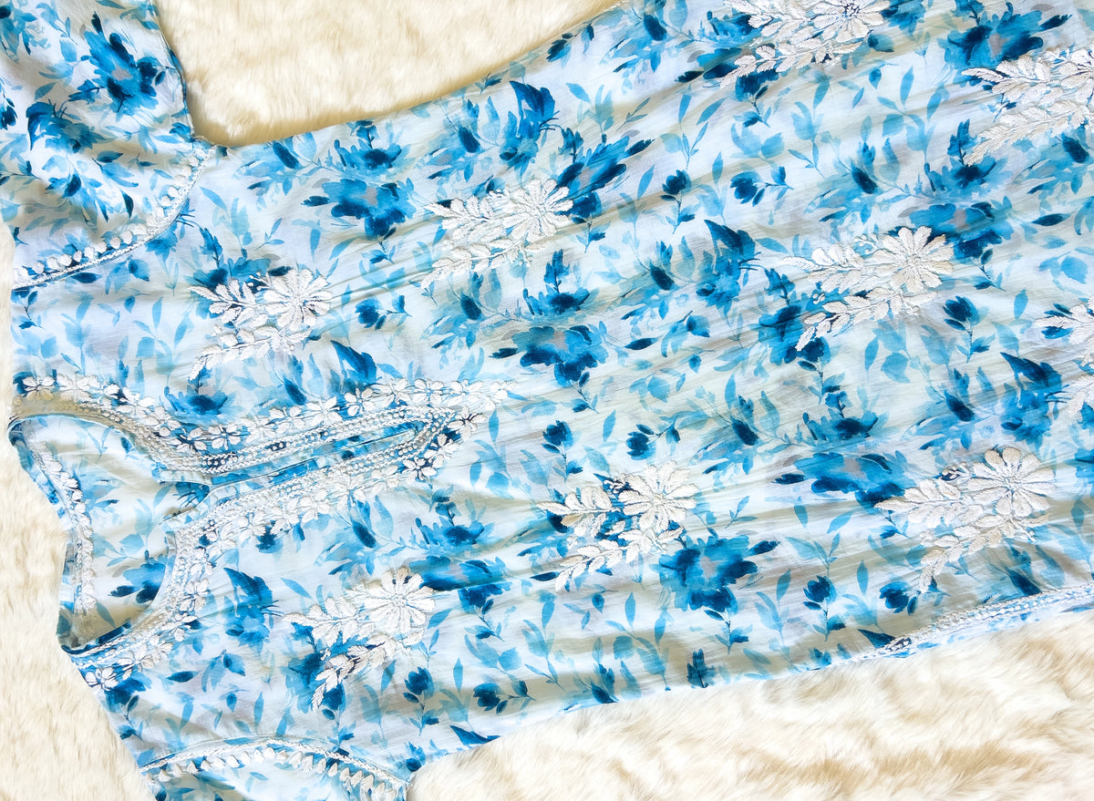 Sky Blue Printed MulMul Kurta with Heavy Chikankari
