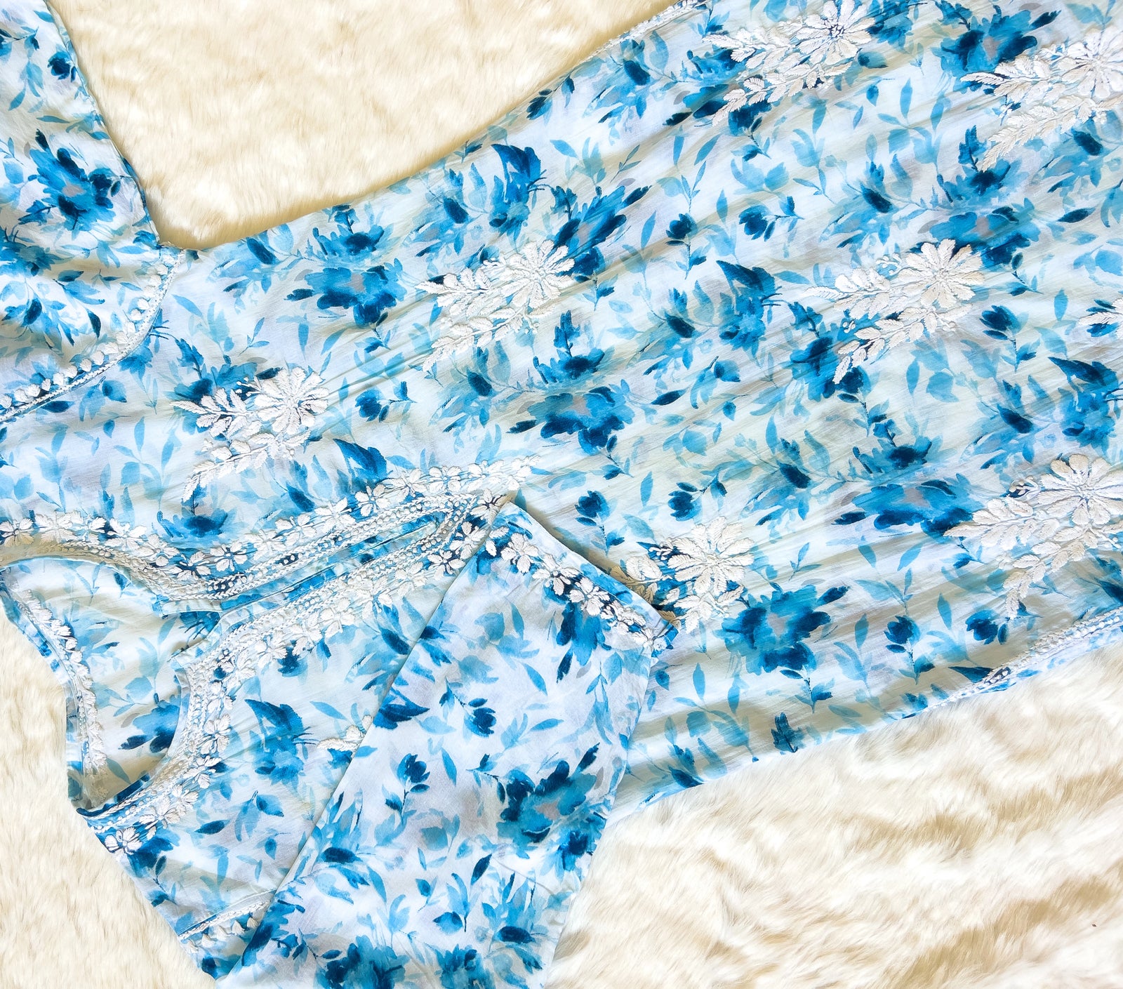 Sky Blue Printed MulMul Kurta with Heavy Chikankari