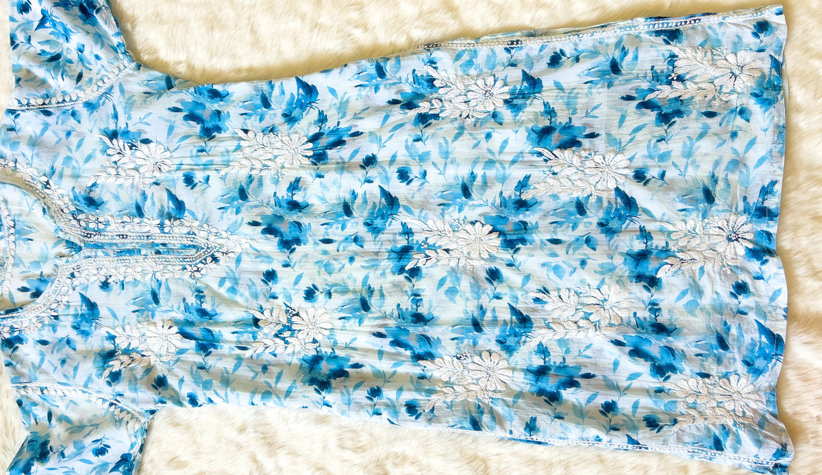 Sky Blue Printed MulMul Kurta with Heavy Chikankari