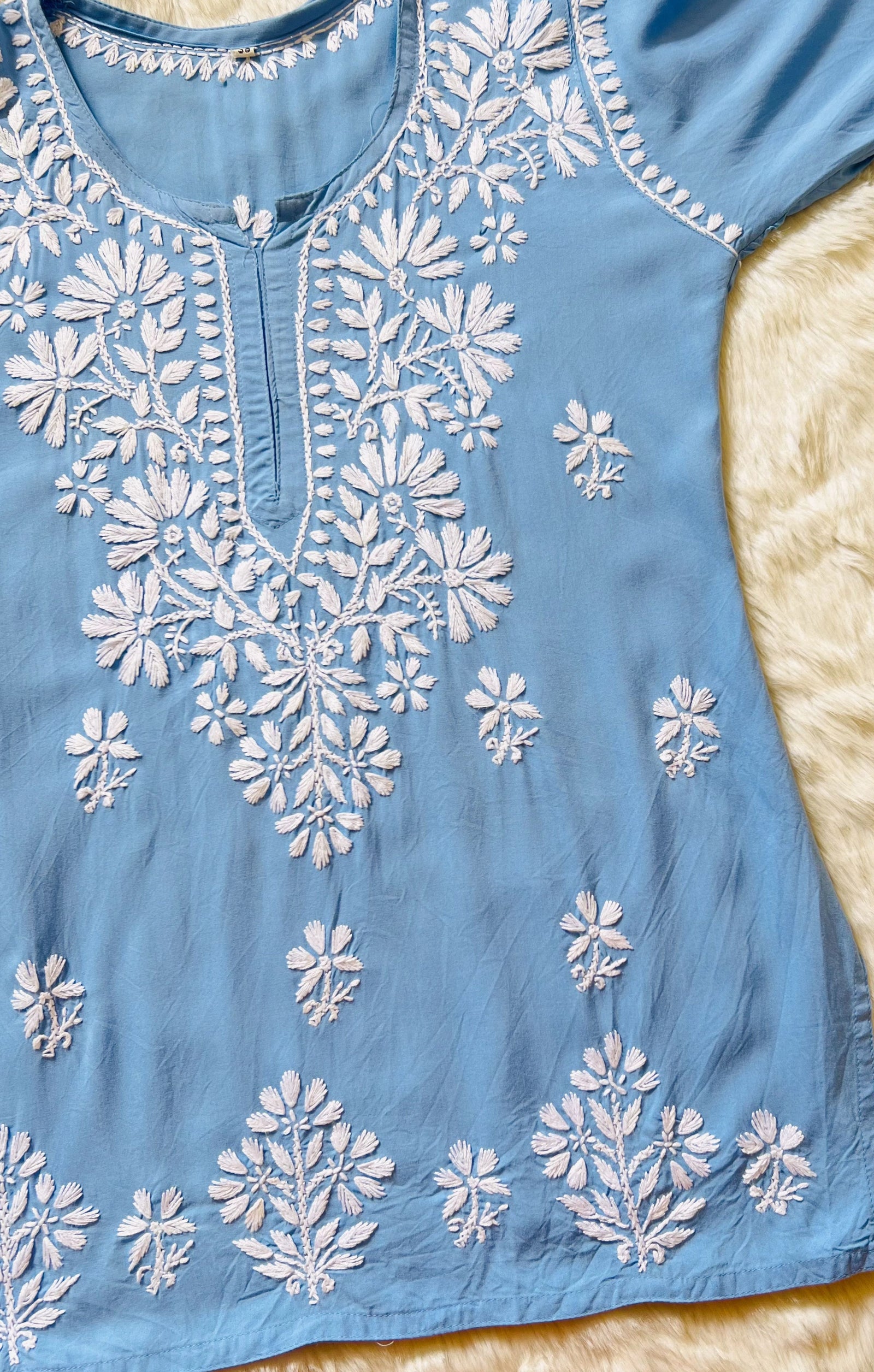 Sky Blue Short Rayon Kurta with White Chikankari
