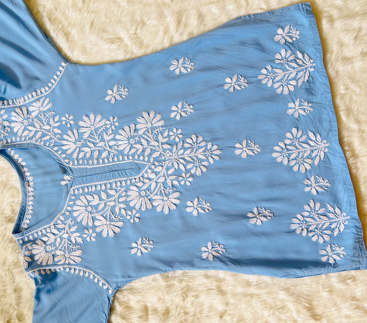 Sky Blue Short Rayon Kurta with White Chikankari