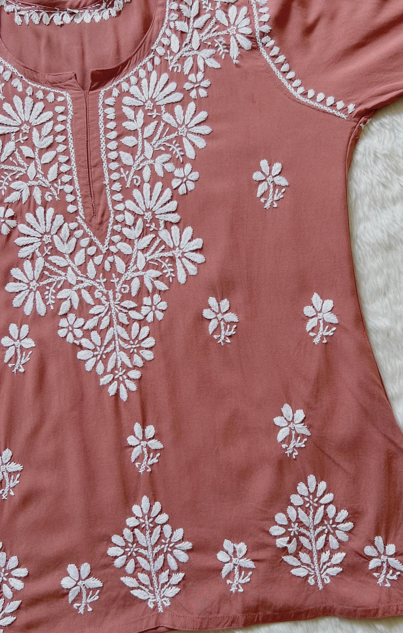 Soft Brown Short Rayon Kurta with White Chikankari