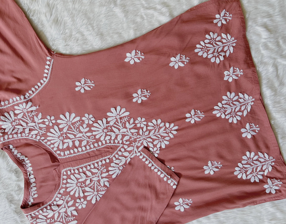 Soft Brown Short Rayon Kurta with White Chikankari