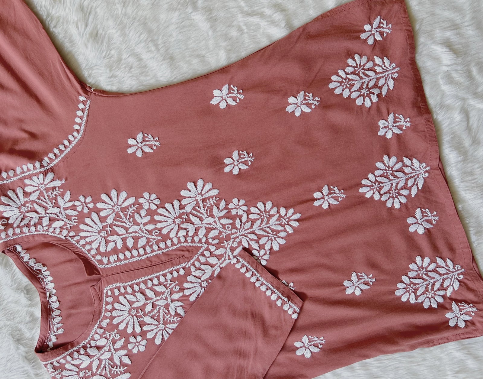 Soft Brown Short Rayon Kurta with White Chikankari