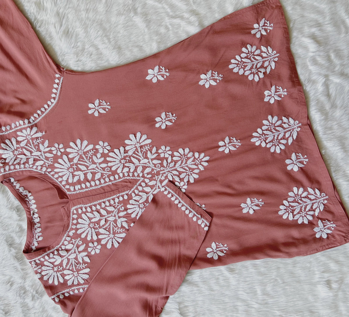 Soft Brown Short Rayon Kurta with White Chikankari