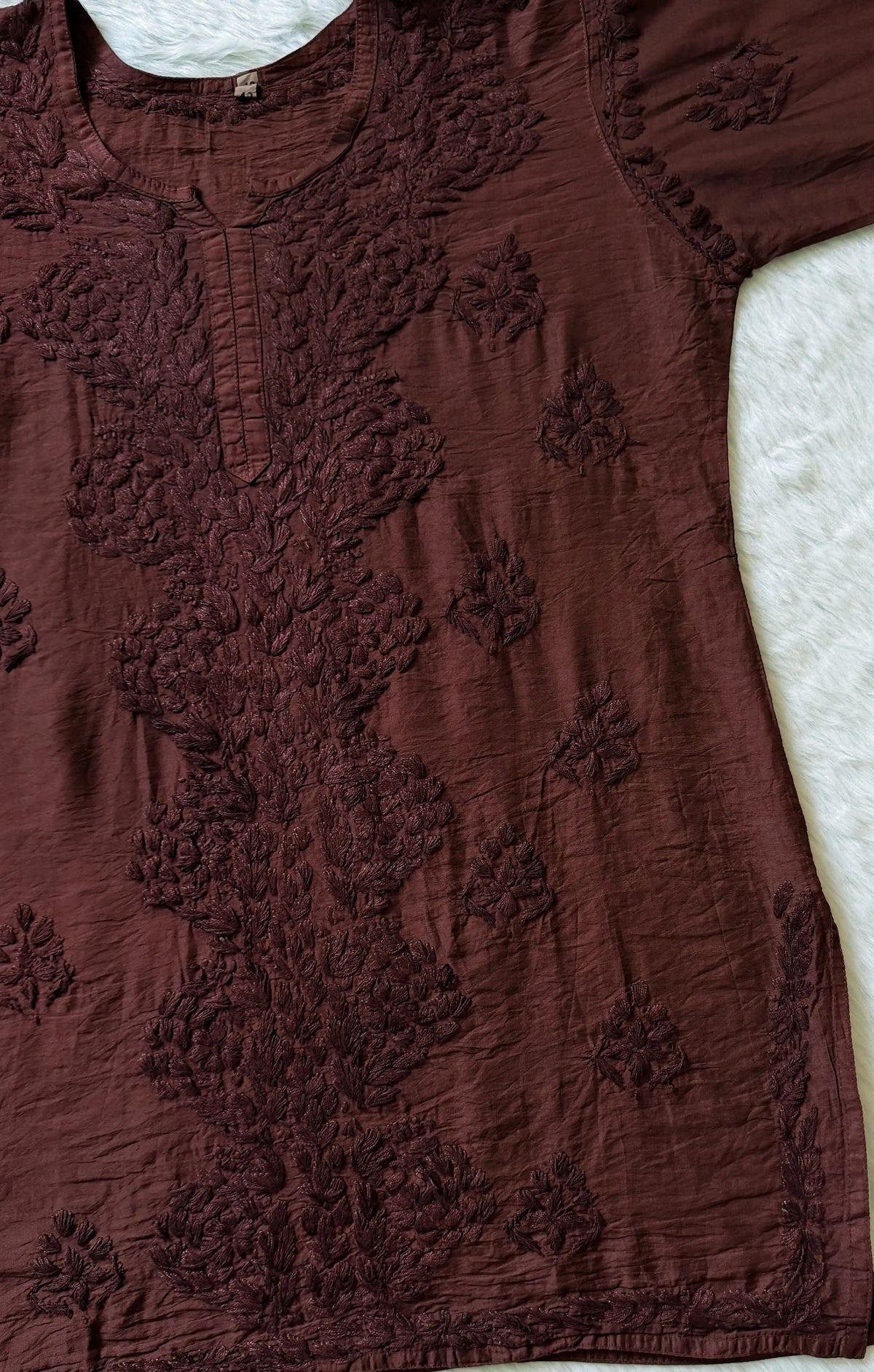 Soha Chocolate Brown Chanderi Short Kurti with Chikankari Handwork