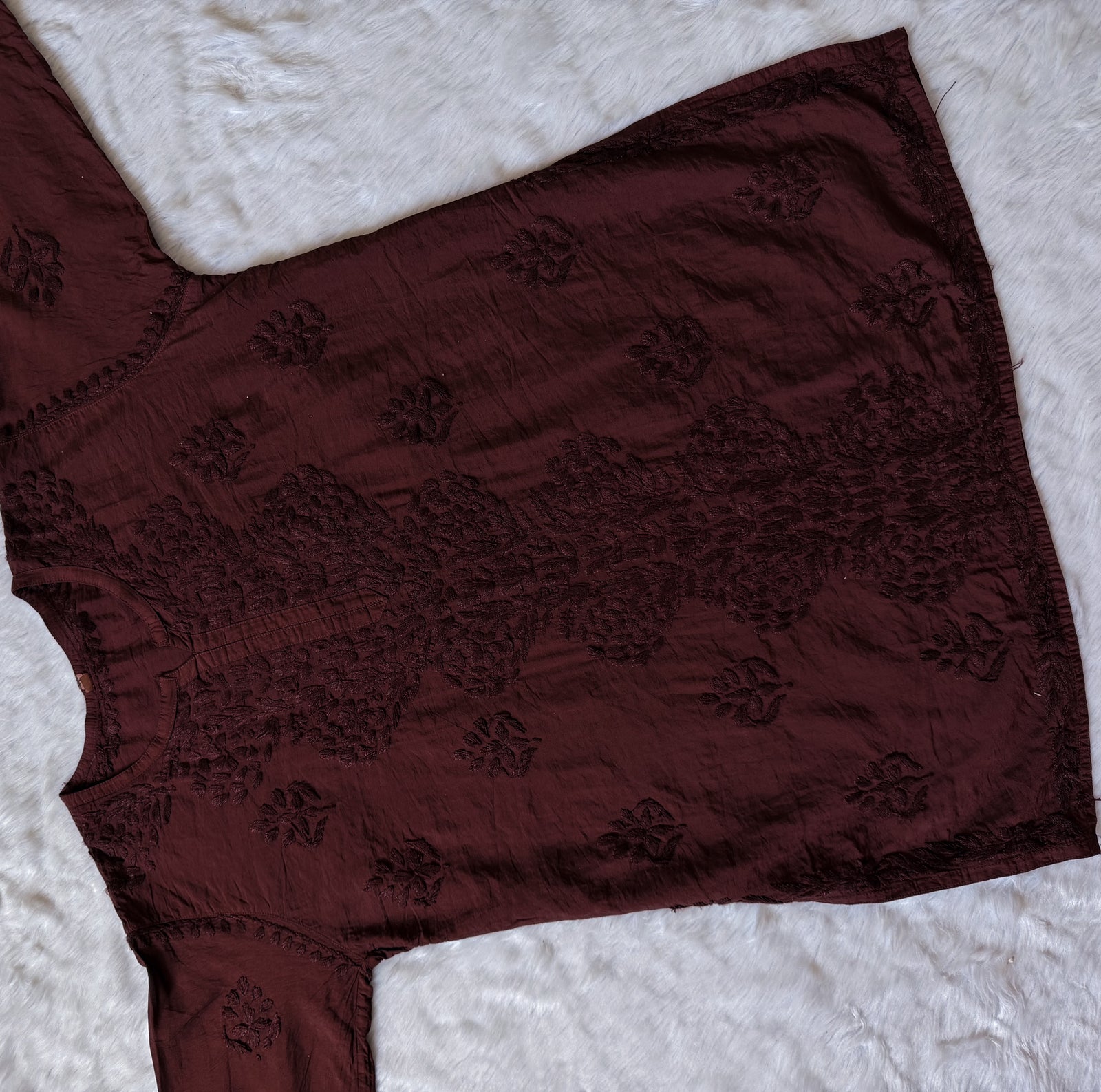 Soha Chocolate Brown Chanderi Short Kurti with Chikankari Handwork