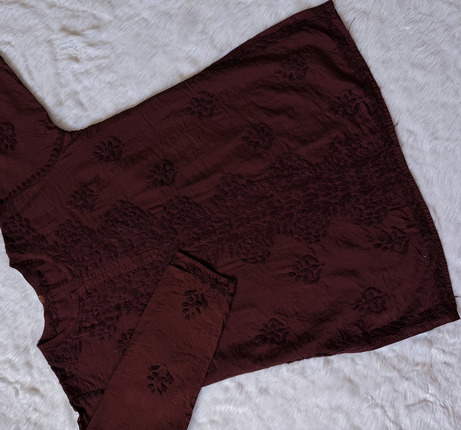 Soha Chocolate Brown Chanderi Short Kurti with Chikankari Handwork