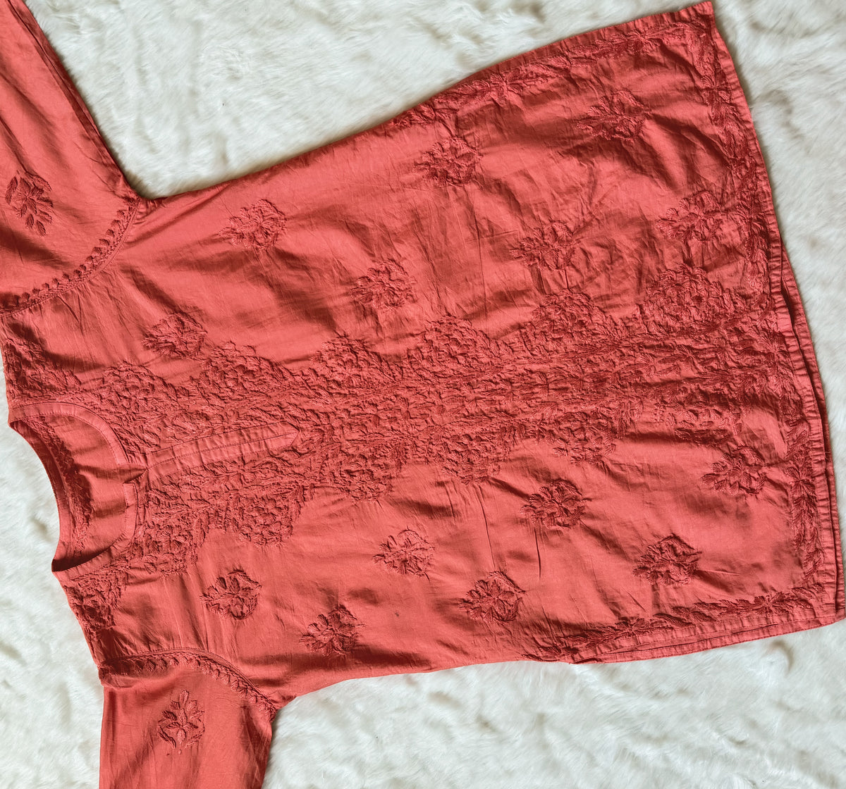 Soha Coral Chanderi Short Kurti with Chikankari Handwork