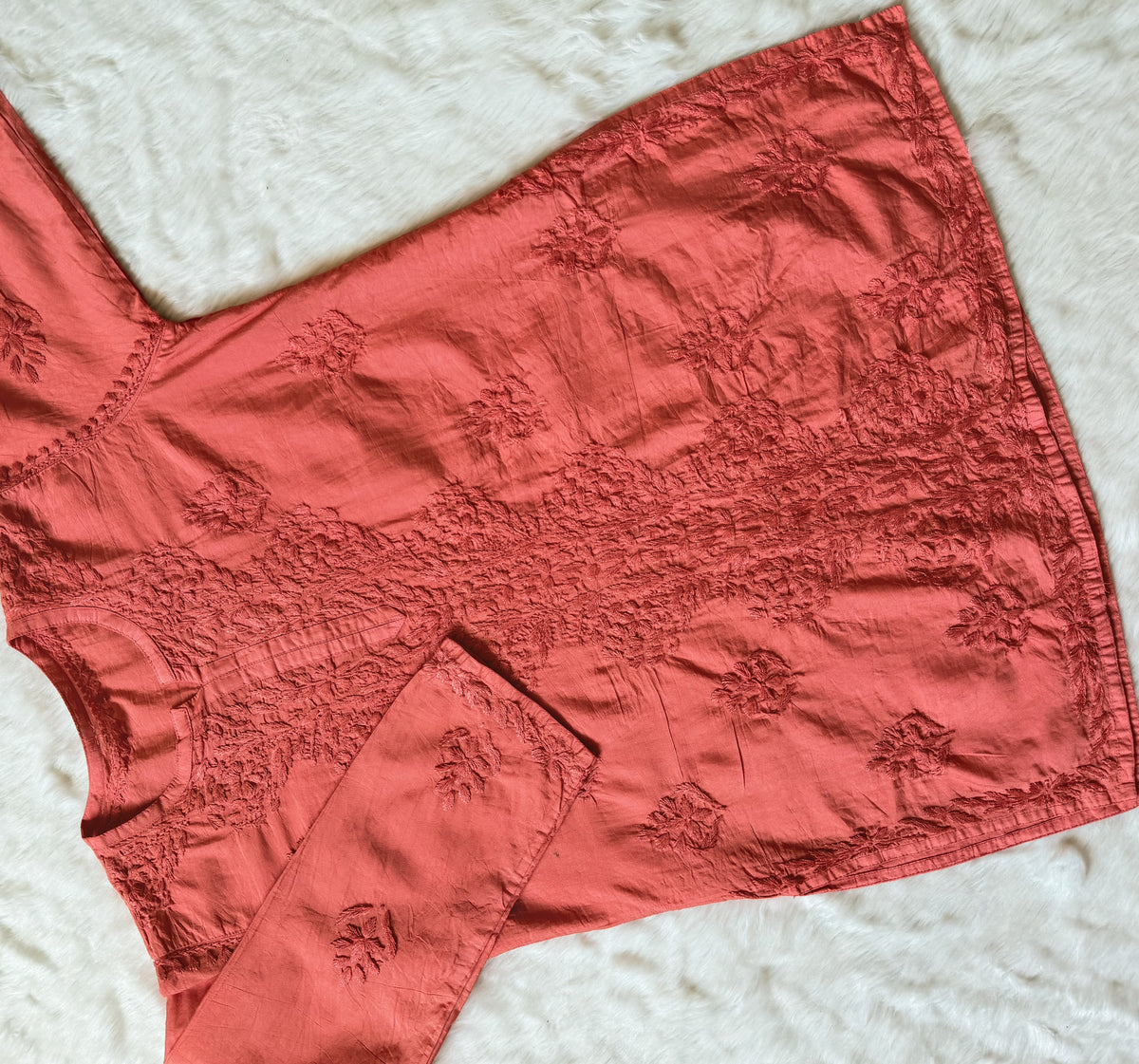 Soha Coral Chanderi Short Kurti with Chikankari Handwork