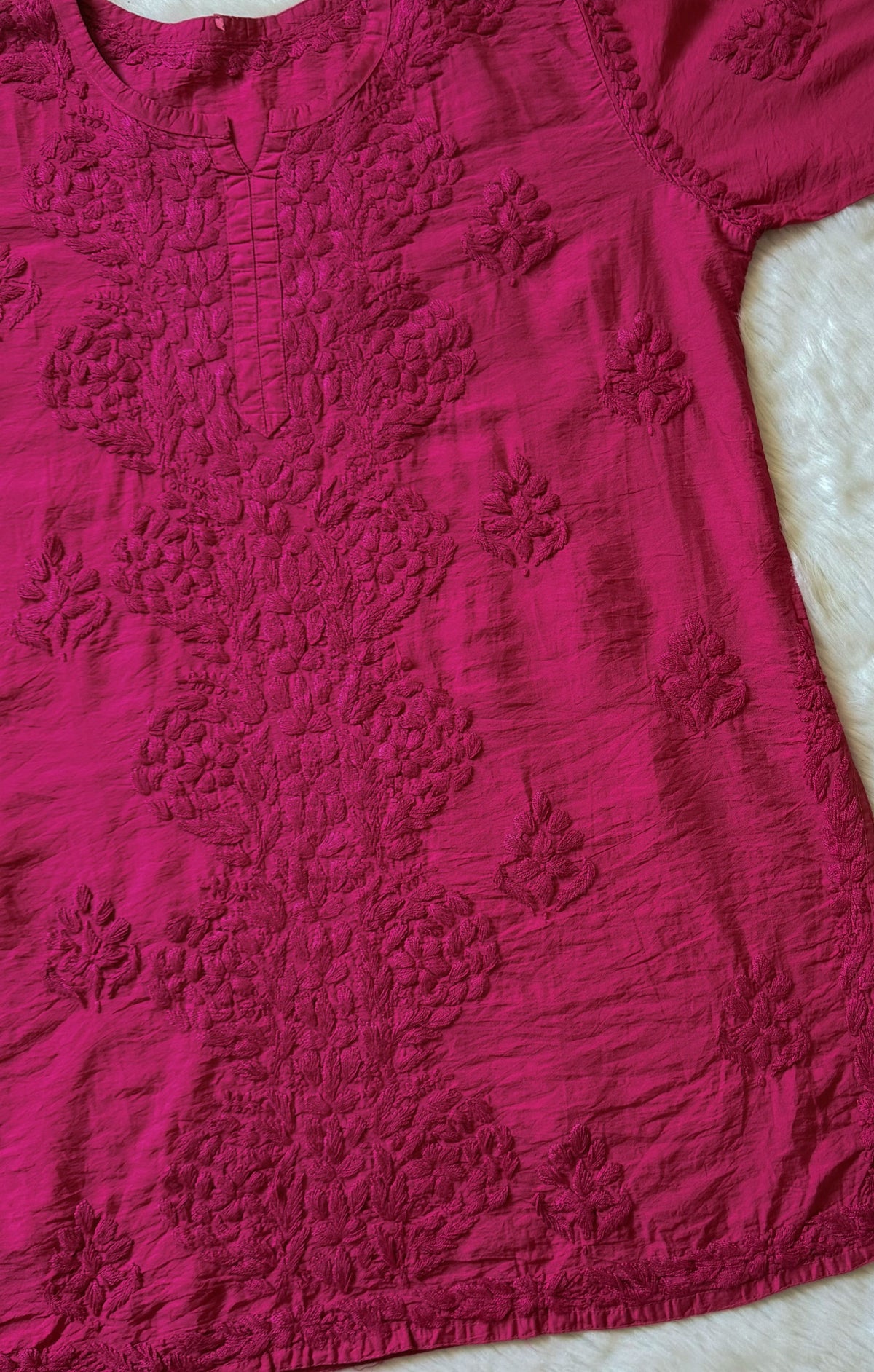 Soha Hot Pink Chanderi Short Kurti with Chikankari Handwork