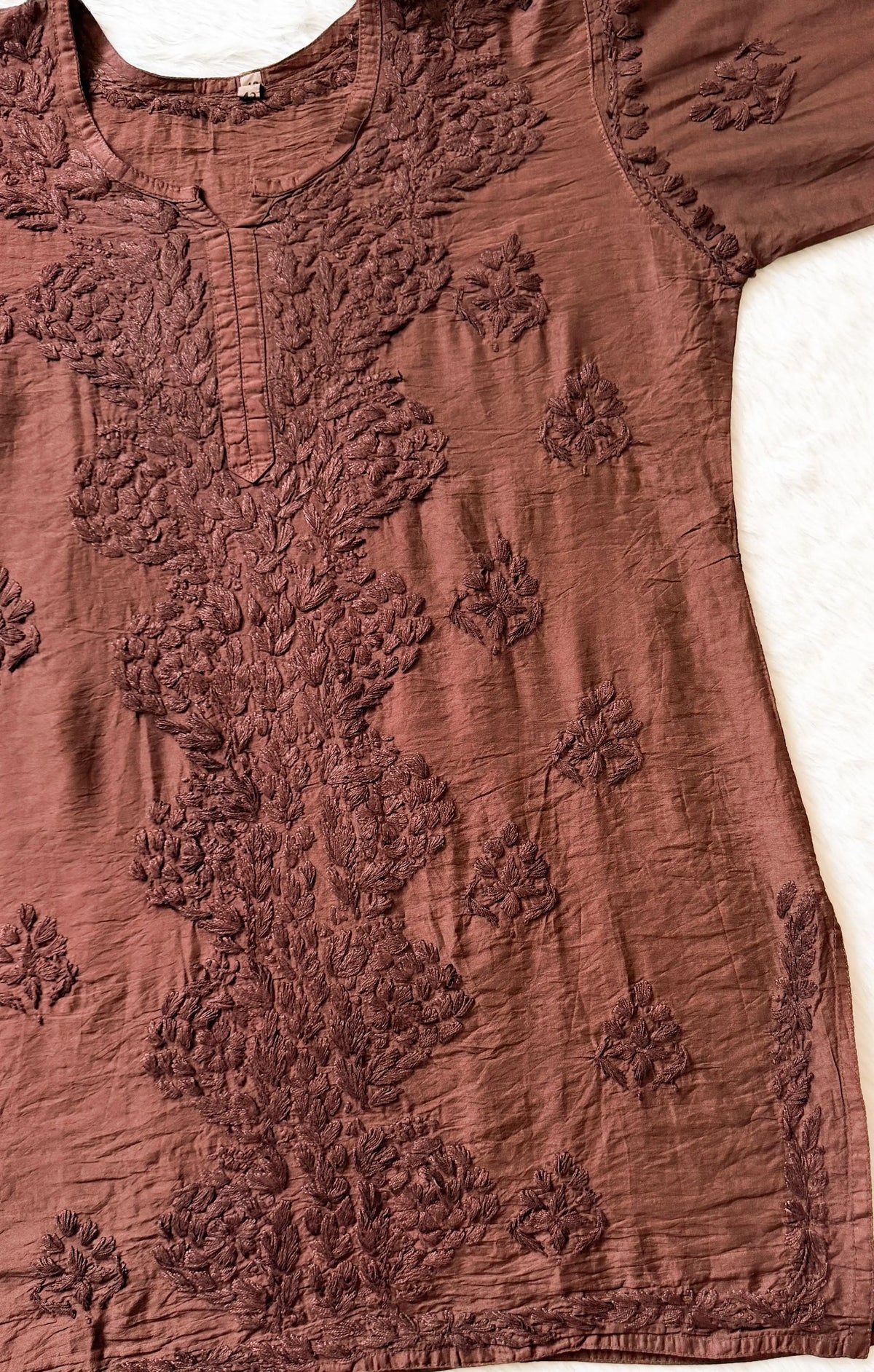 Soha Light Brown Chanderi Short Kurti with Chikankari Handwork