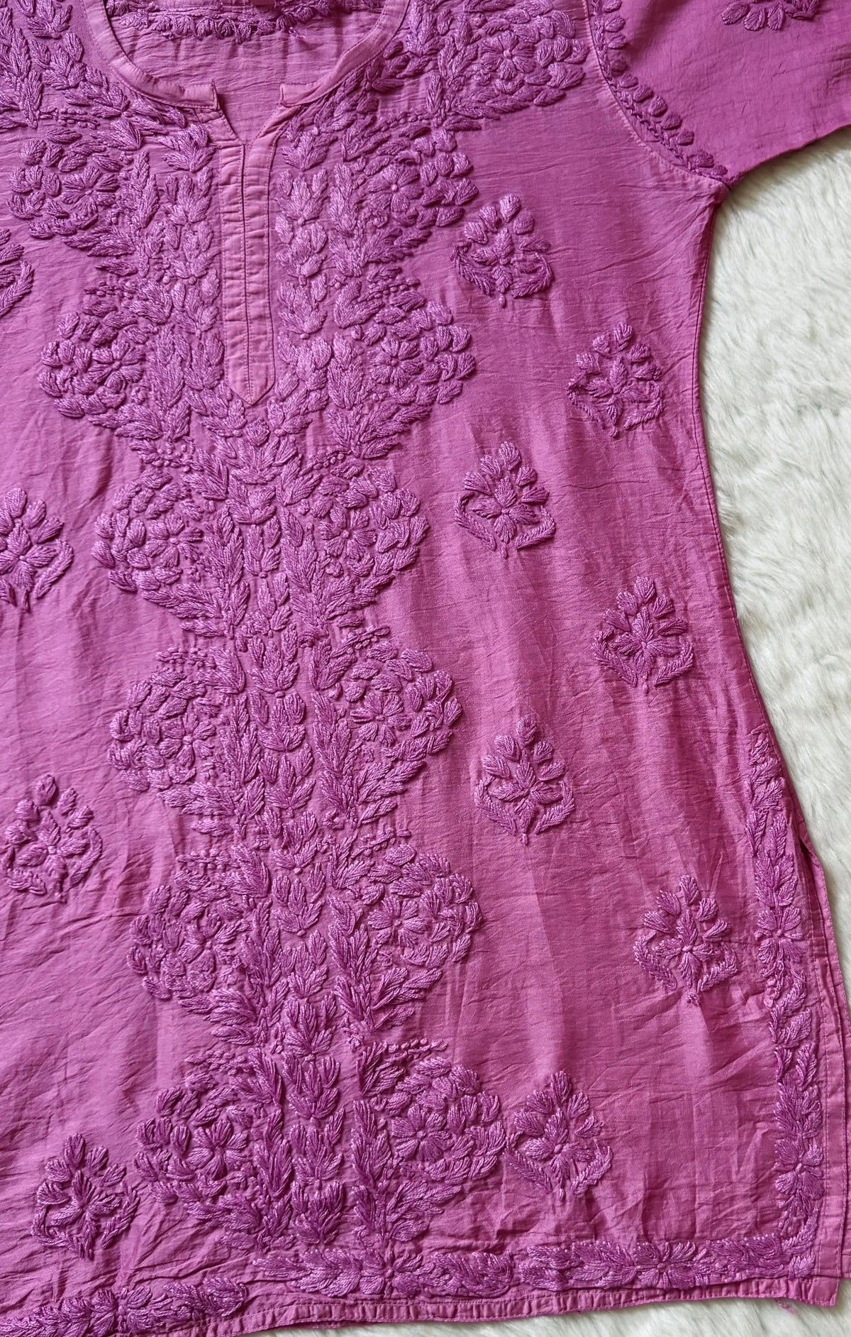 Soha Light Pink Chanderi Short Kurti with Chikankari Handwork