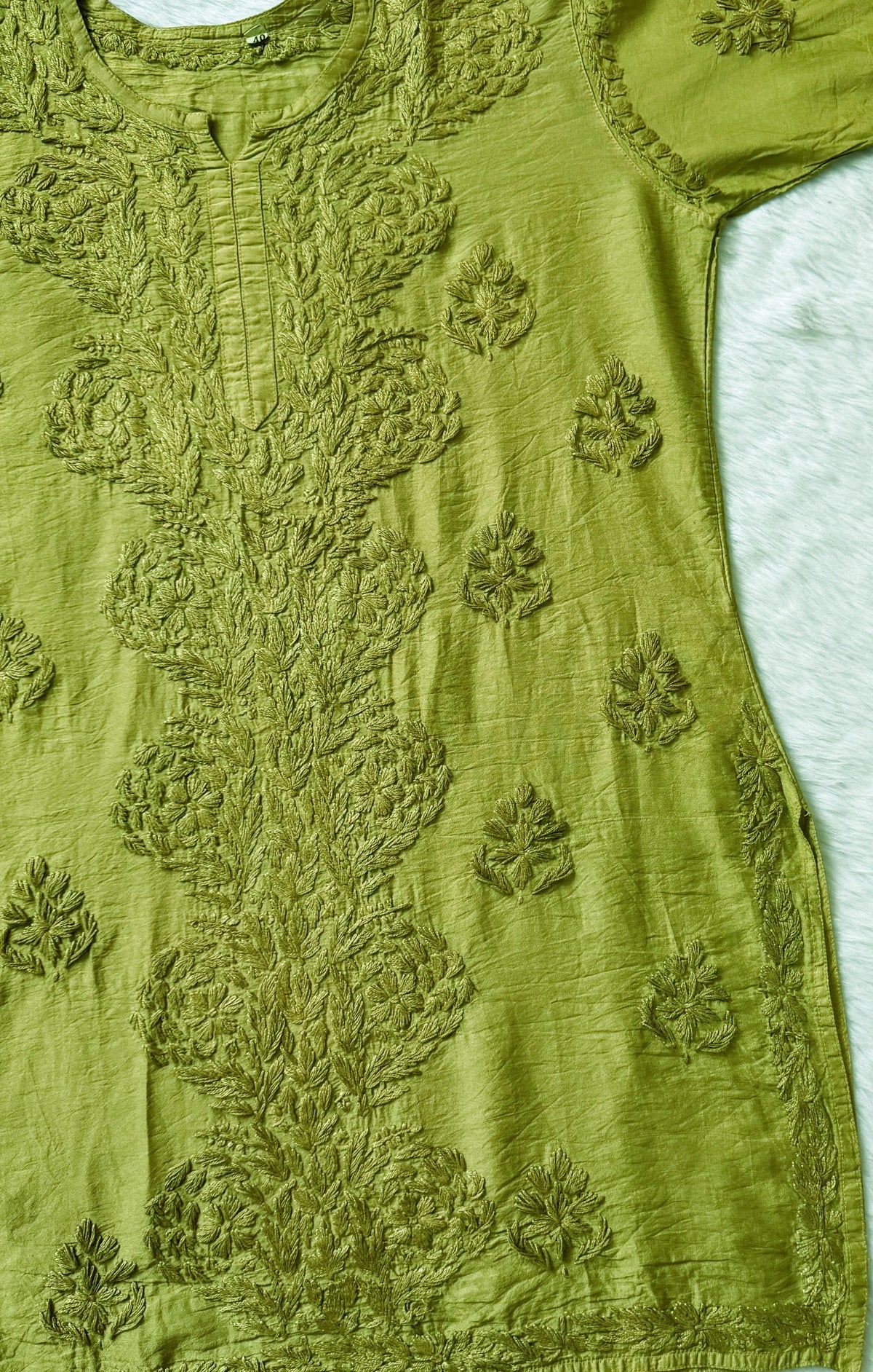 Soha Lime Chanderi Short Kurti with Chikankari Handwork