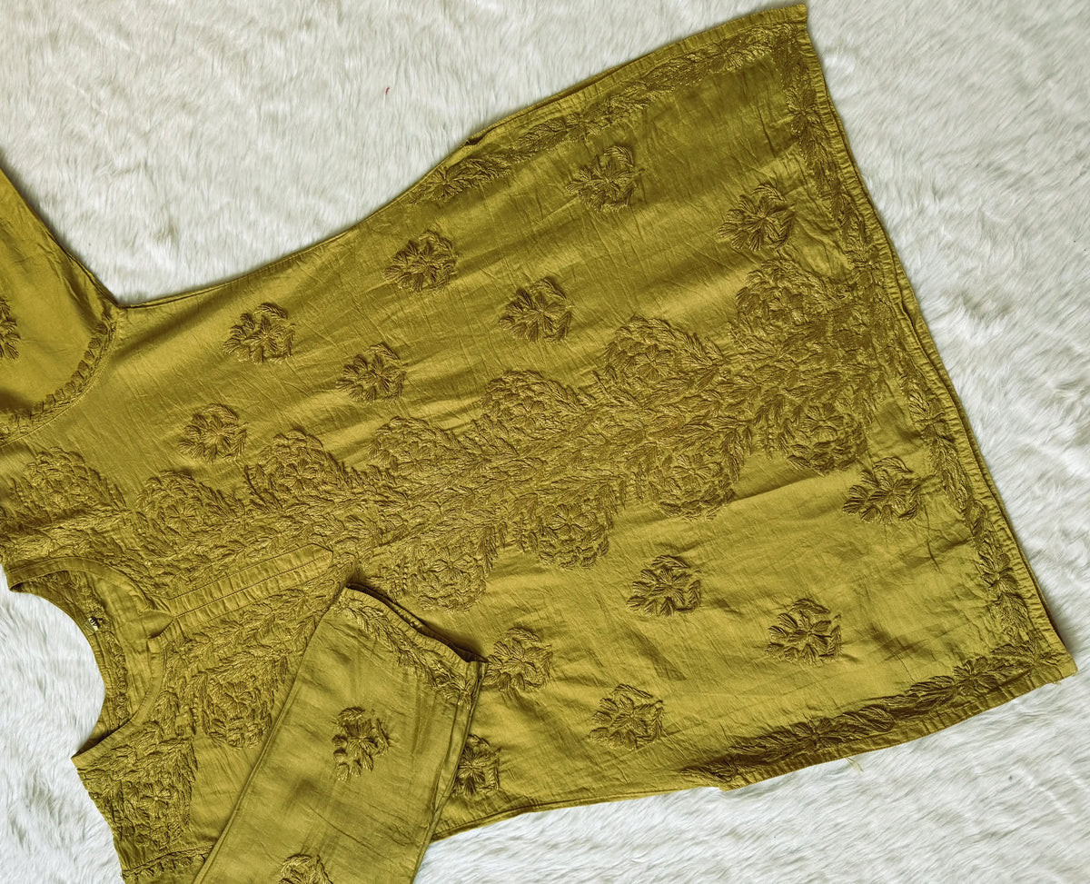 Soha Lime Chanderi Short Kurti with Chikankari Handwork