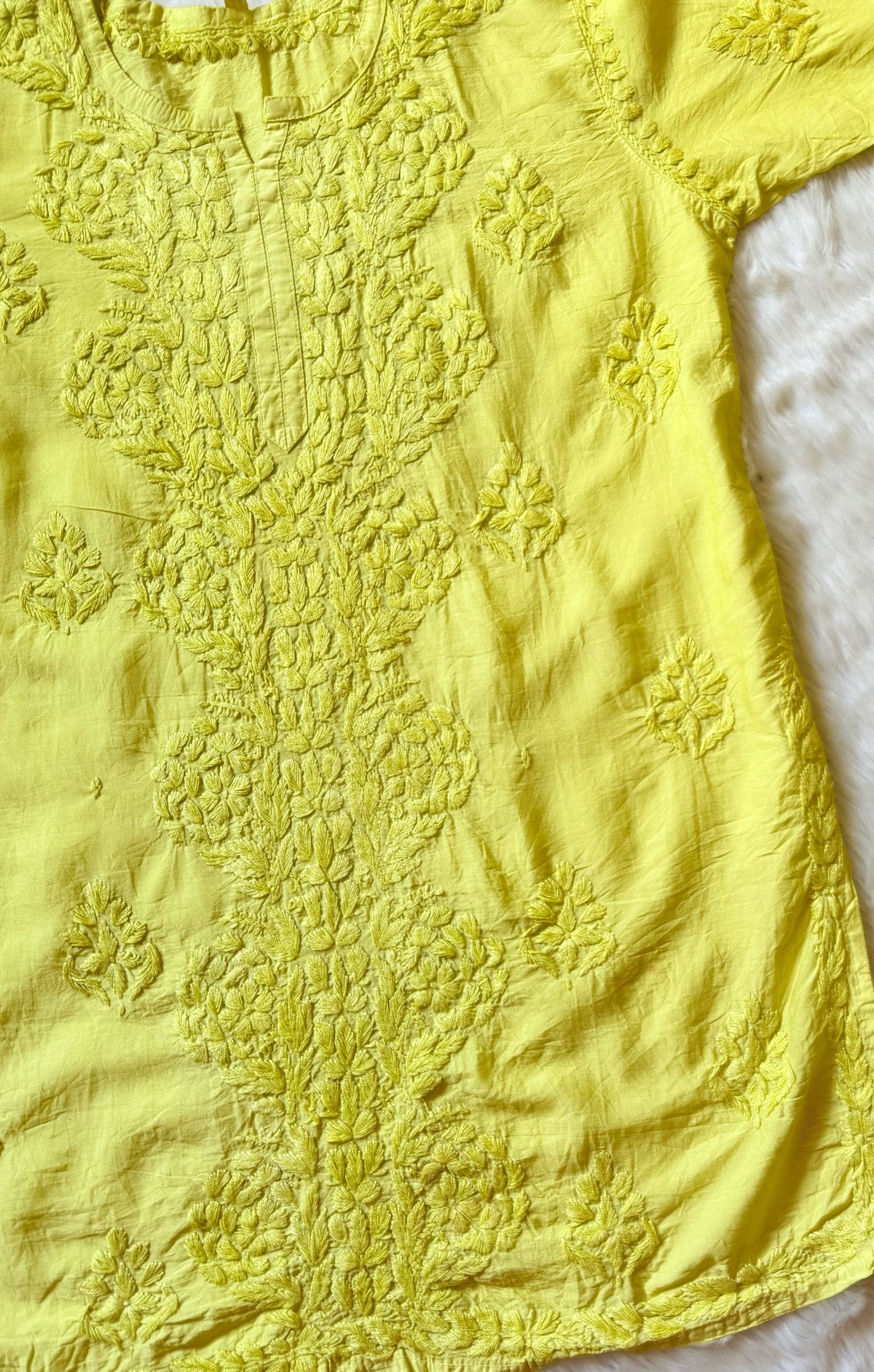 Soha Lime Yellow Chanderi Short Kurti with Chikankari Handwork