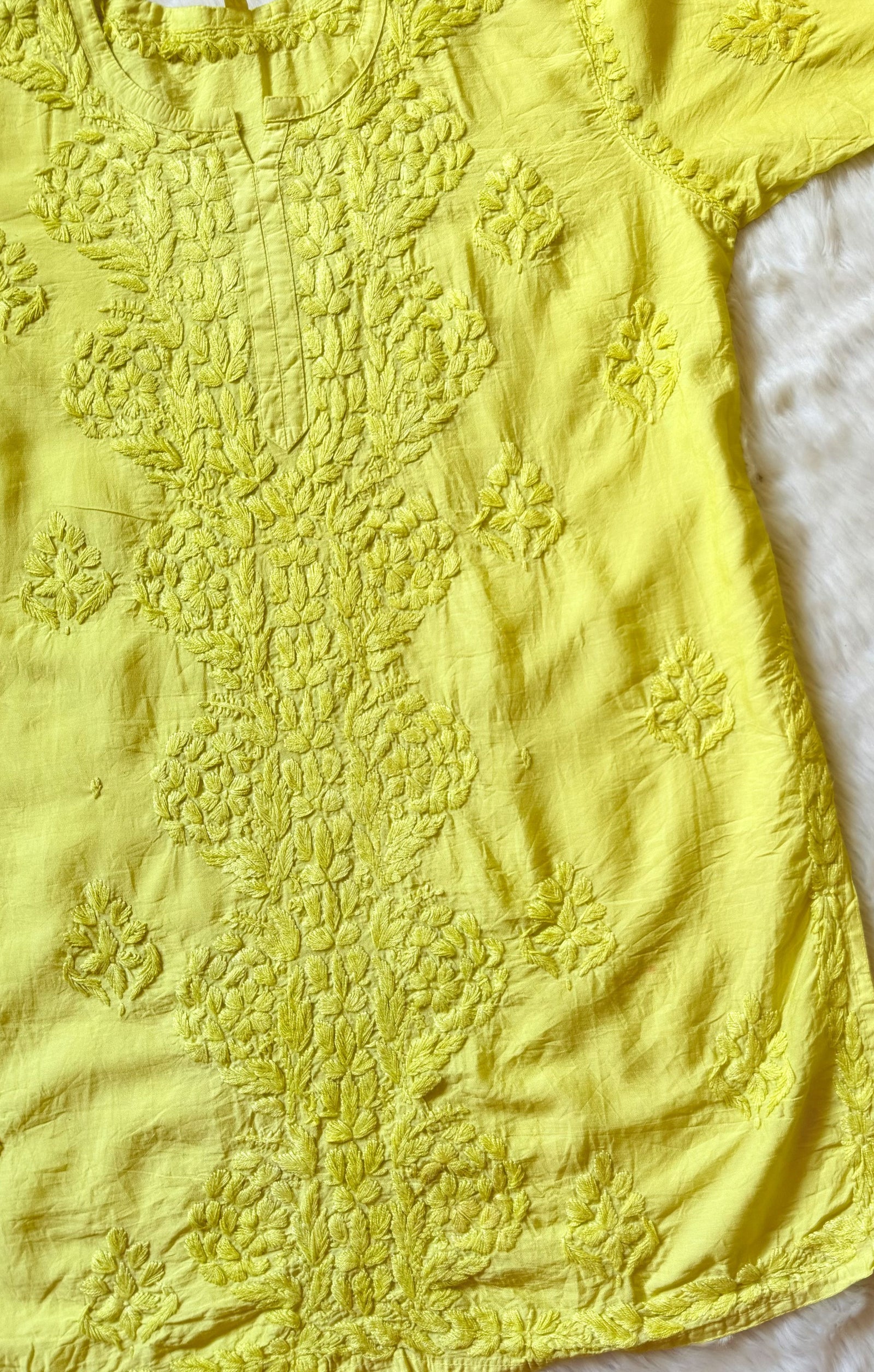 Soha Lime Yellow Chanderi Short Kurti with Chikankari Handwork