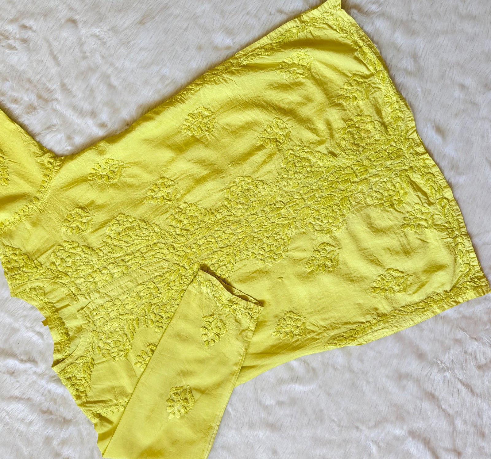 Soha Lime Yellow Chanderi Short Kurti with Chikankari Handwork