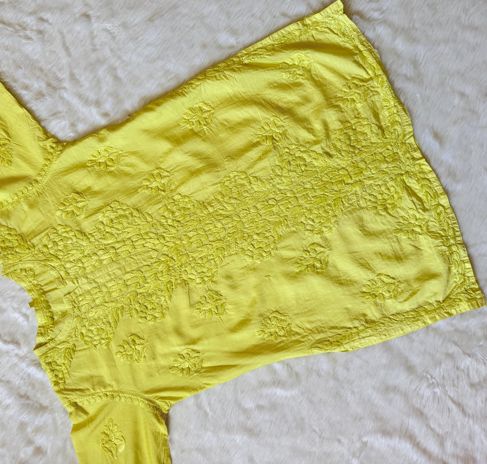 Soha Lime Yellow Chanderi Short Kurti with Chikankari Handwork