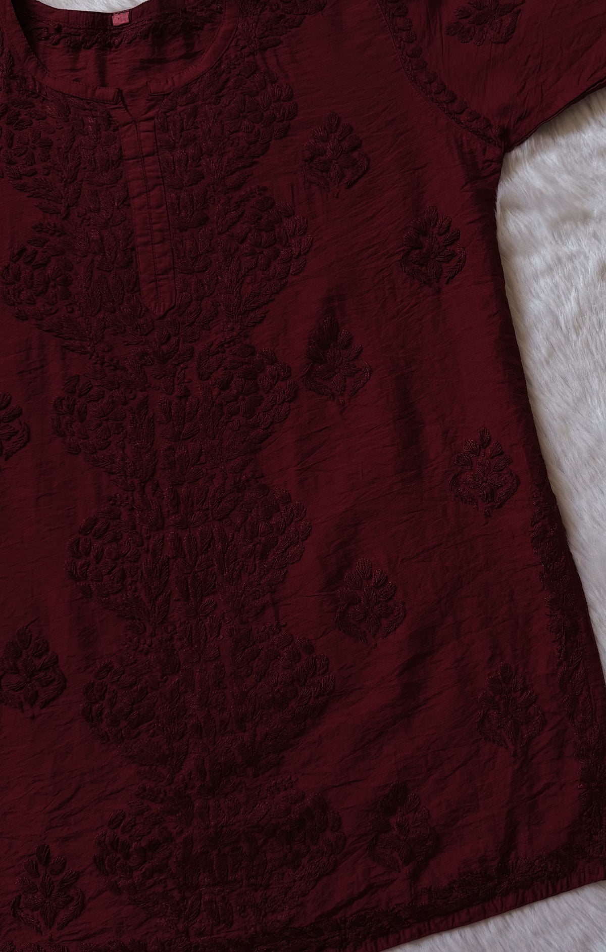 Soha Maroon Chanderi Short Kurti with Chikankari Handwork