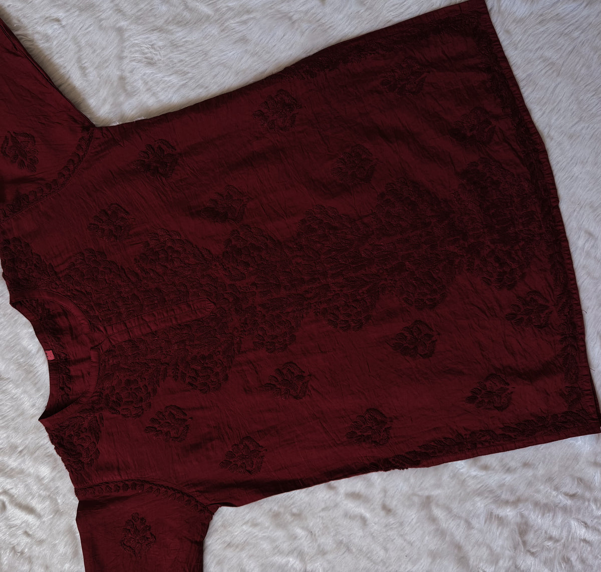 Soha Maroon Chanderi Short Kurti with Chikankari Handwork
