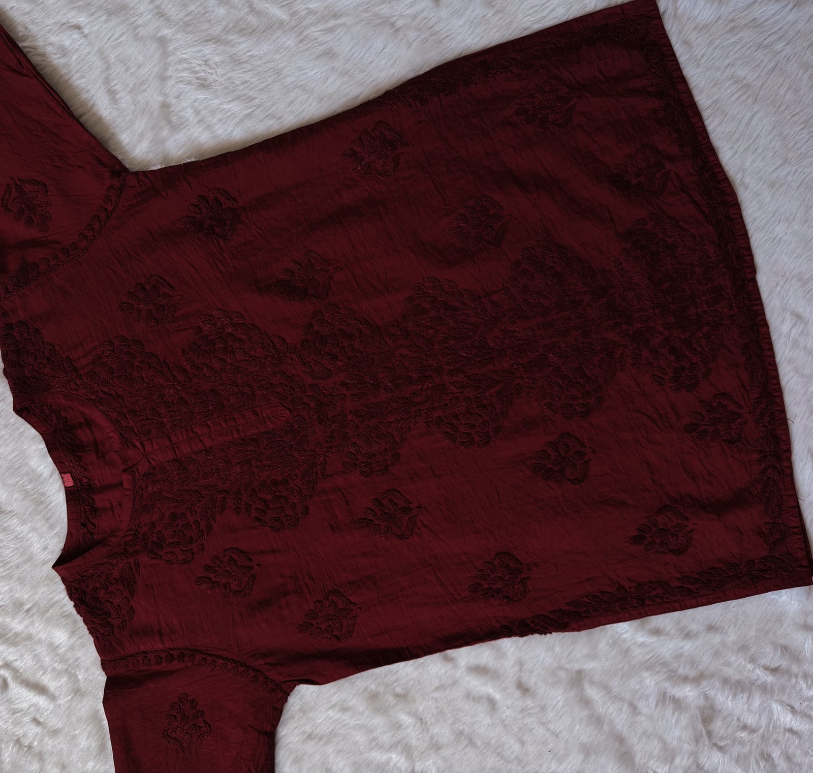 Soha Maroon Chanderi Short Kurti with Chikankari Handwork