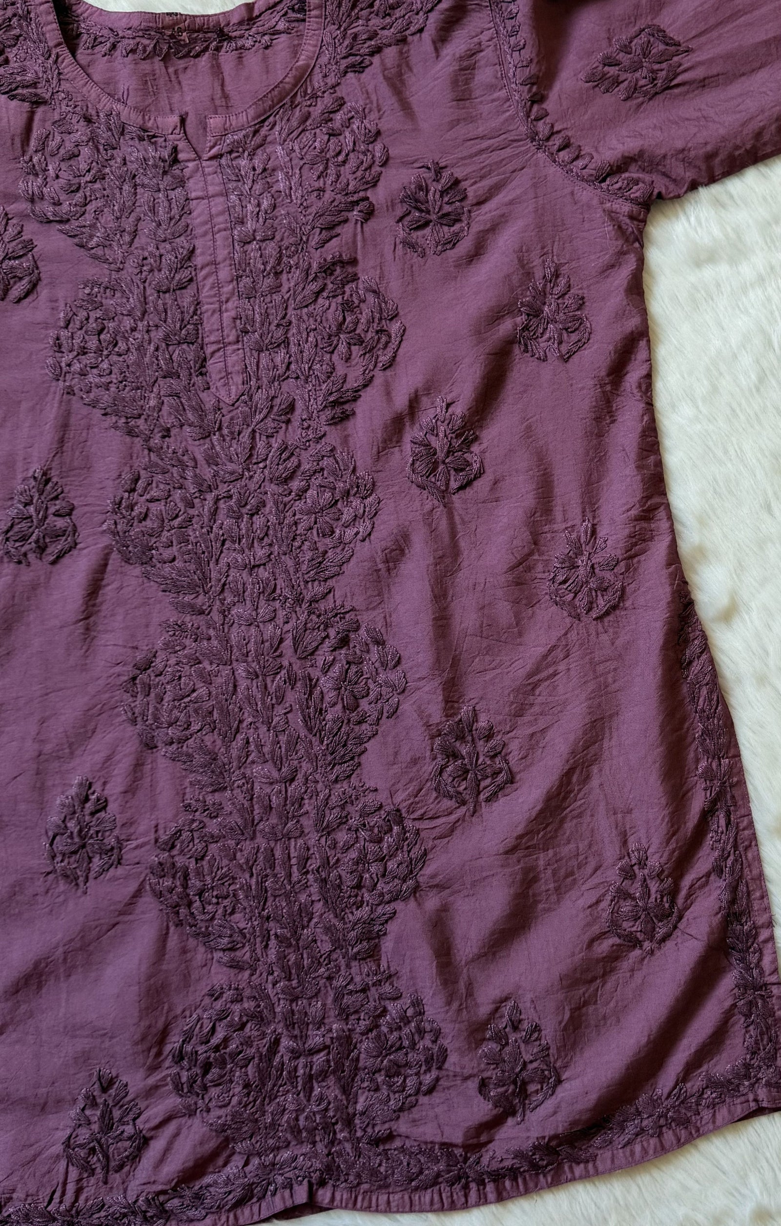 Soha Mauve Purple Chanderi Short Kurti with Chikankari Handwork