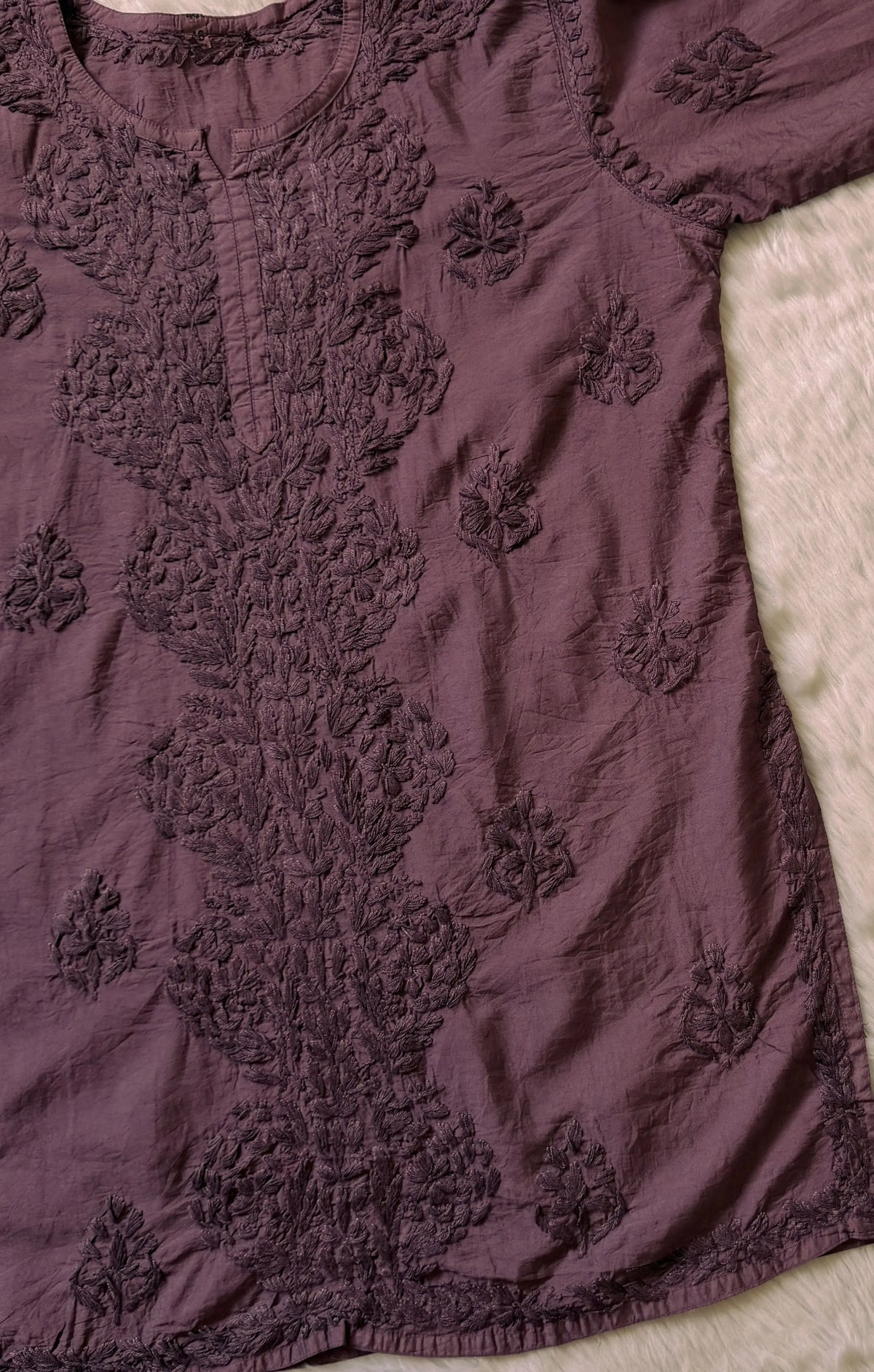 Soha Mauve Purple Chanderi Short Kurti with Chikankari Handwork