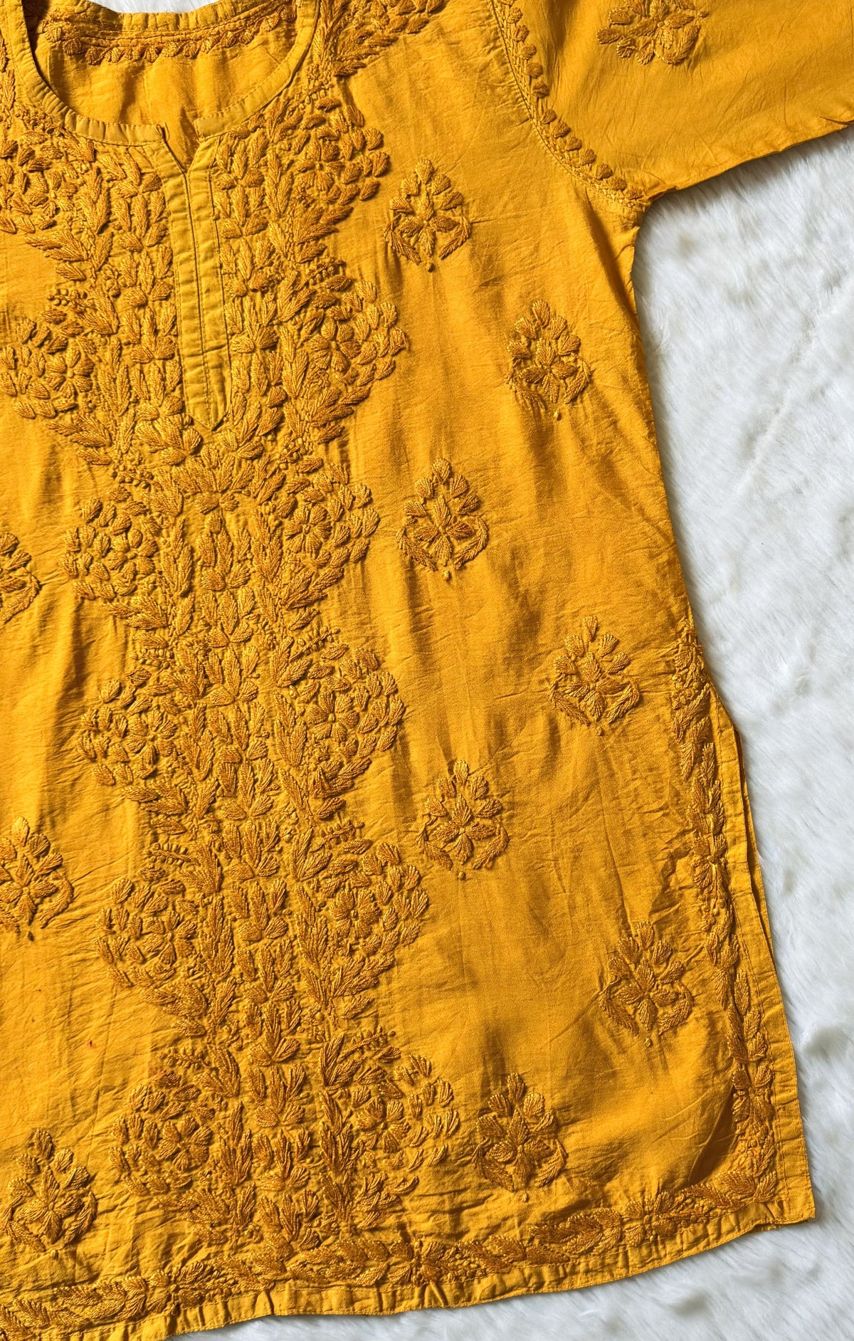 Soha Mustard Chanderi Short Kurti with Chikankari Handwork